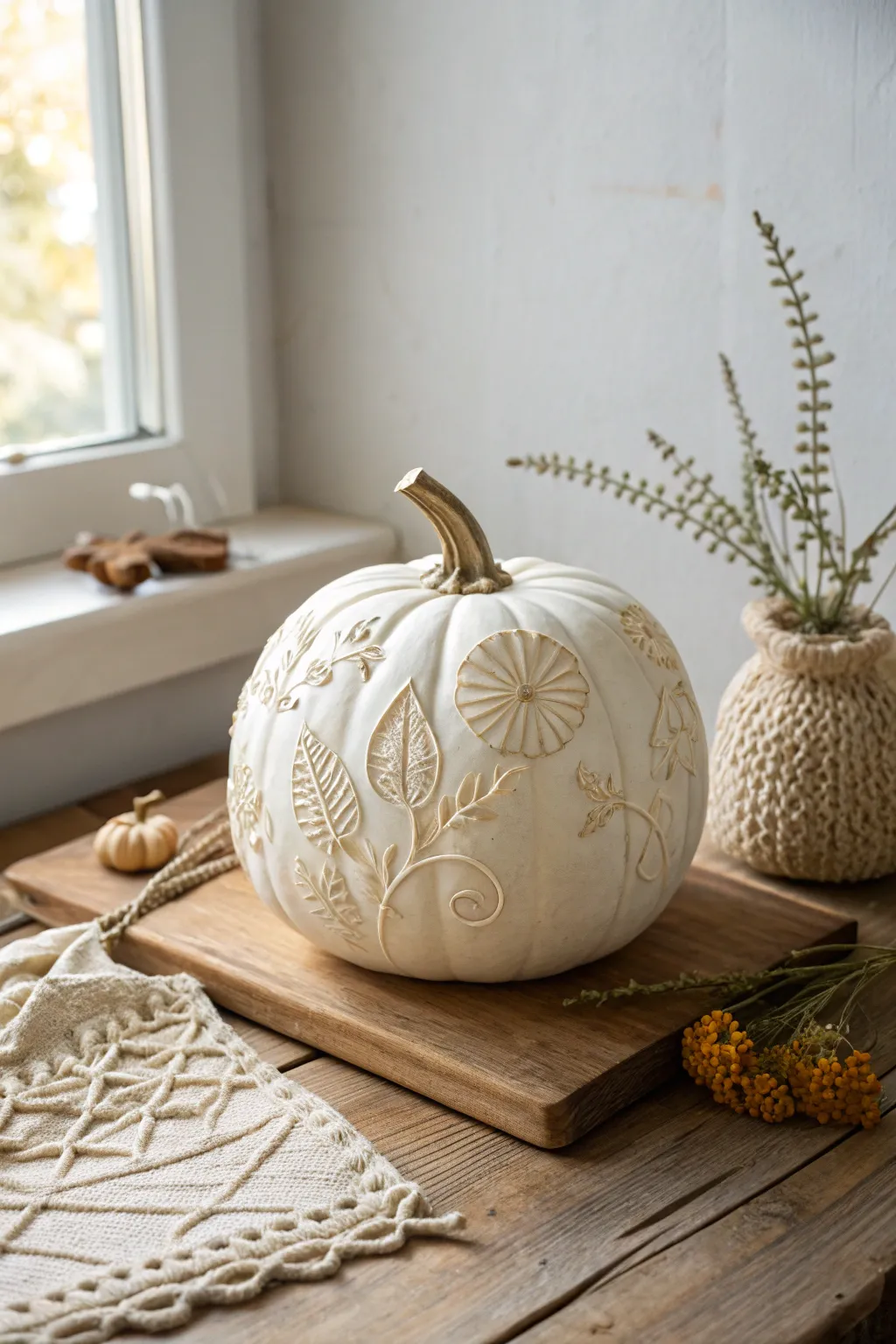 Embrace the serene beauty of morning glories with this elegant pumpkin carving—where minimalism meets the charm of nature.