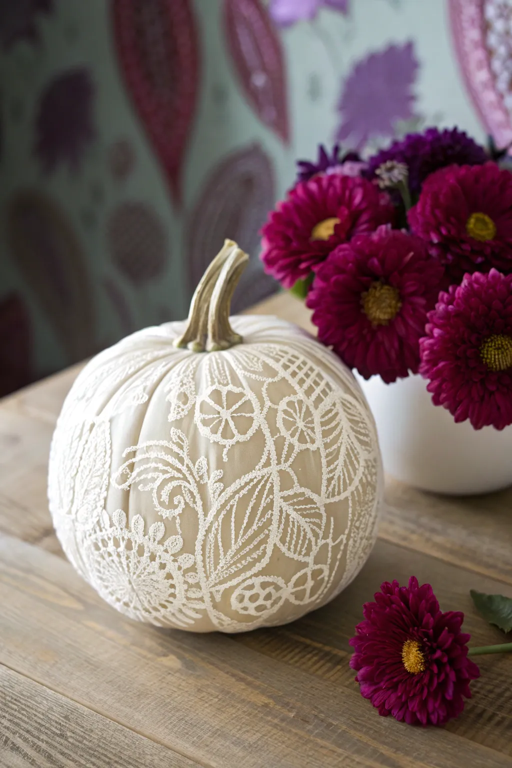 Elegance in Bloom: Lace and petals unite in this stunning floral pumpkin design.
