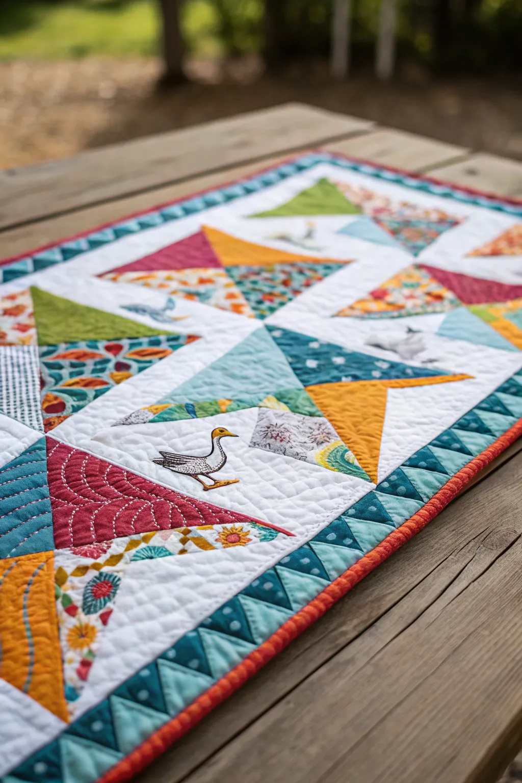 Playful patterned flying geese borders for a whimsical touch.