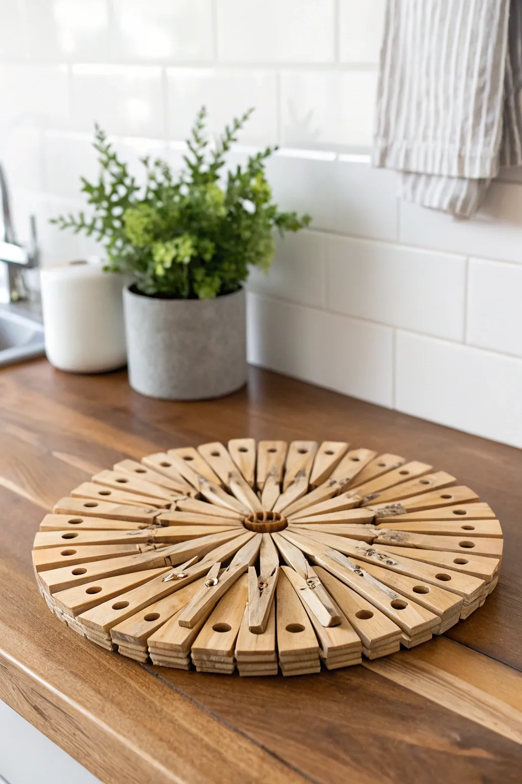 Elevate your kitchen decor with this chic, handmade clothespin trivet. A perfect blend of simplicity and craftsmanship!