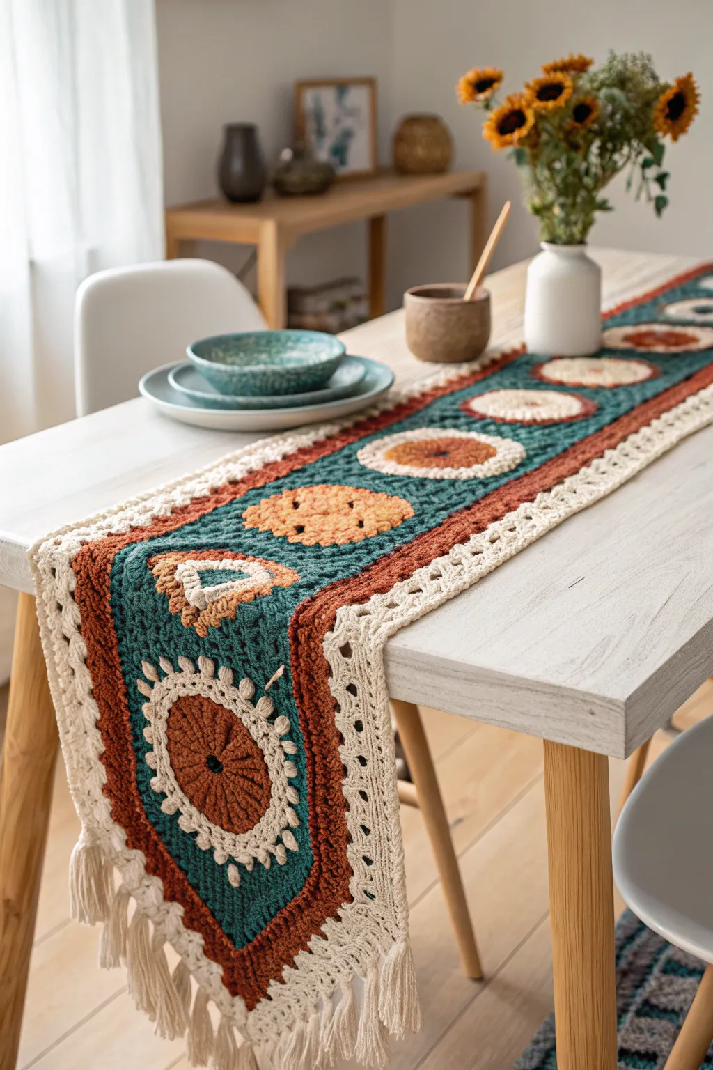 Add a touch of elegance and craftsmanship to your dining table with this stunning crochet table runner.