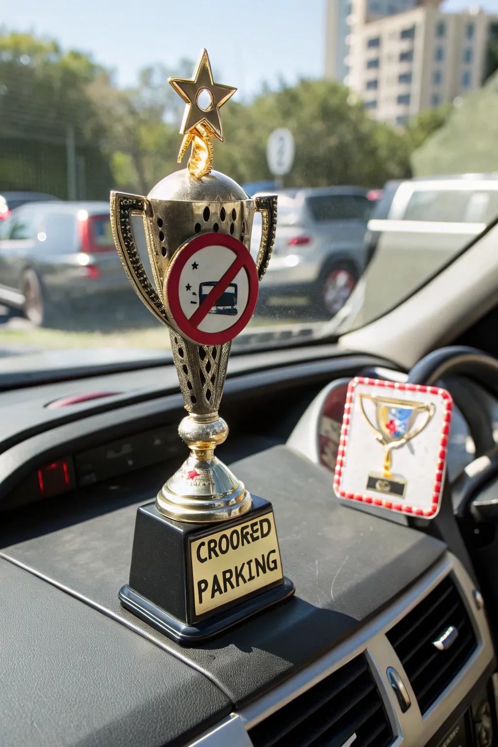 A trophy celebrating the art of imperfect parking.