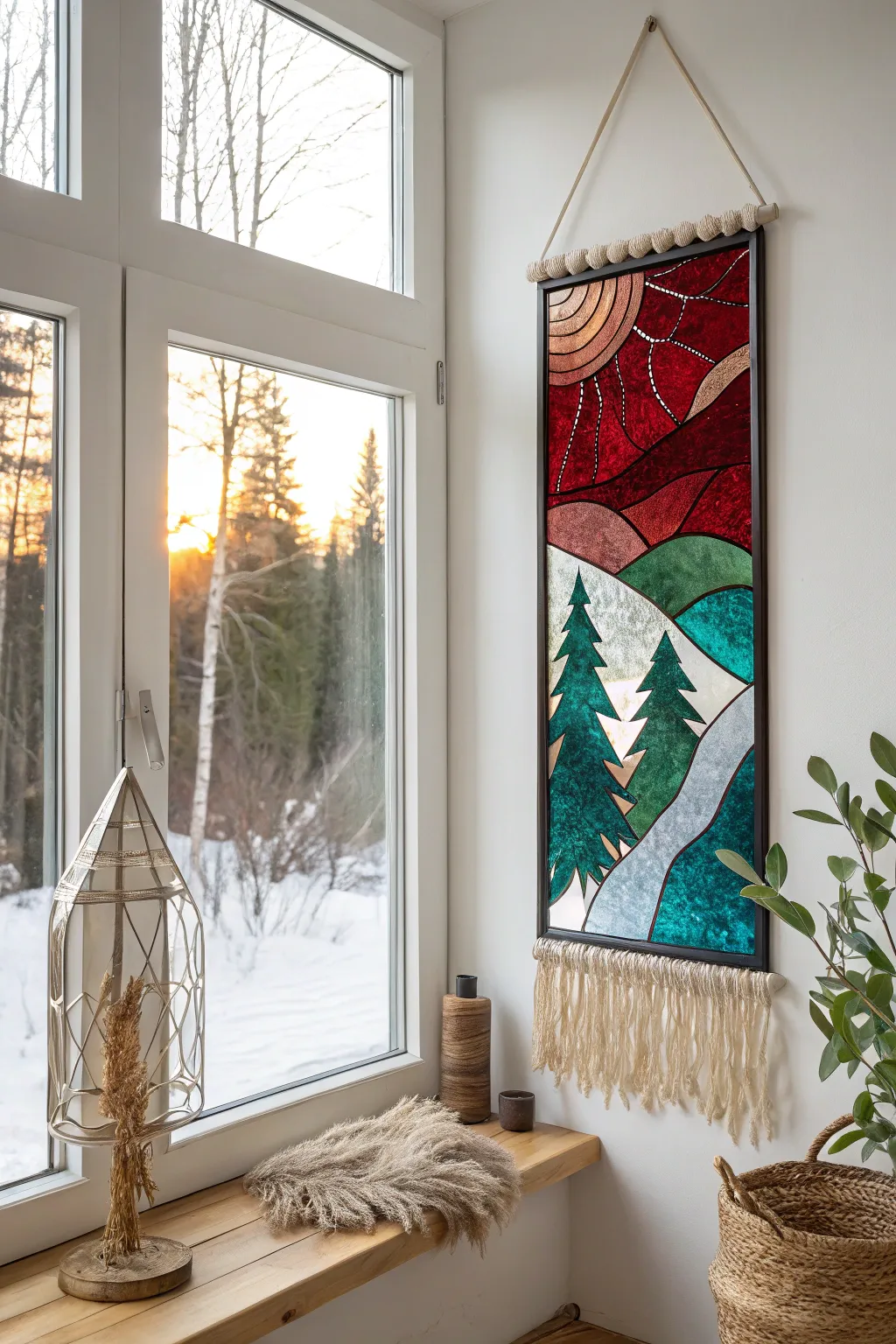 Bring the beauty of winter indoors with exquisite fused glass window art, adding a touch of color and elegance to your minimalist space.