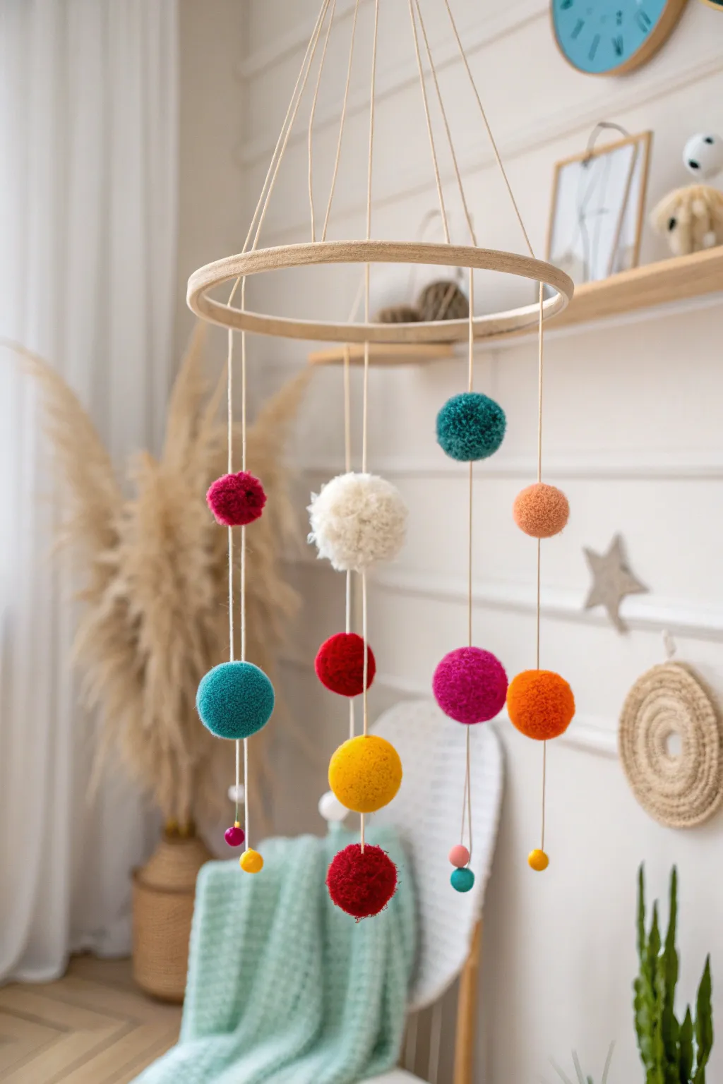 Bring the universe to your nursery with this charming Pom-Pom Planet Orbit mobile—where color, movement, and craftsmanship meet.