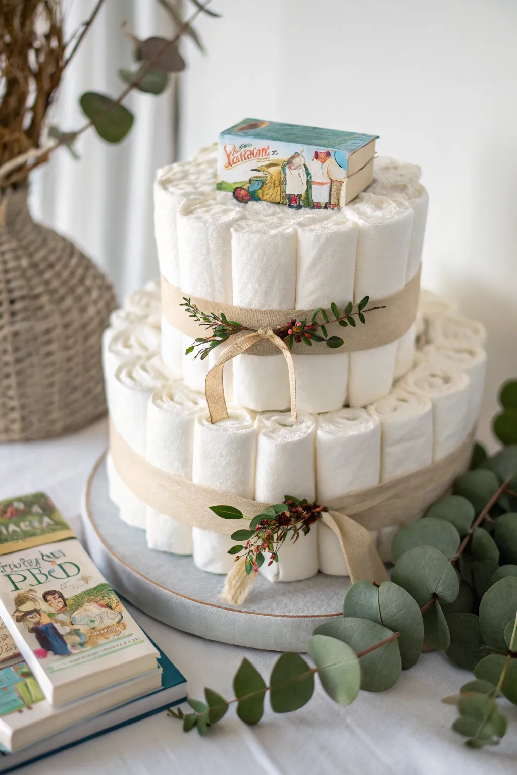 A literary twist on baby celebrations: gender-neutral diaper cake with a bookish flair!