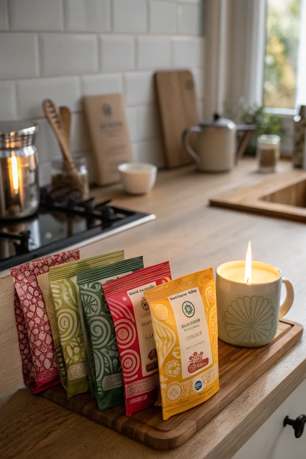 Tea samplers and candles create a cozy ambiance for relaxation.