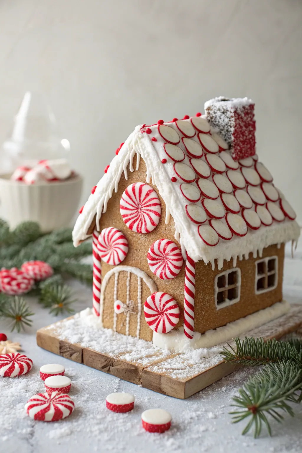 Add a refreshing twist to your gingerbread house with a peppermint disk chimney—where festive aroma meets minimalist elegance.