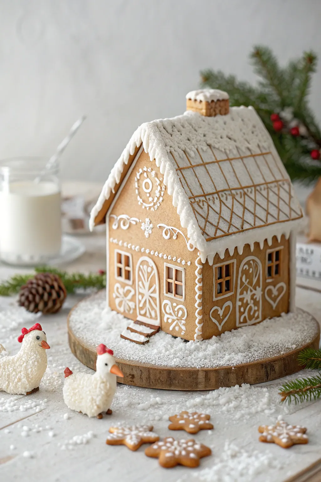Bring a slice of countryside magic to your festive decor with this charming gingerbread farmhouse and its delightful cookie animals!