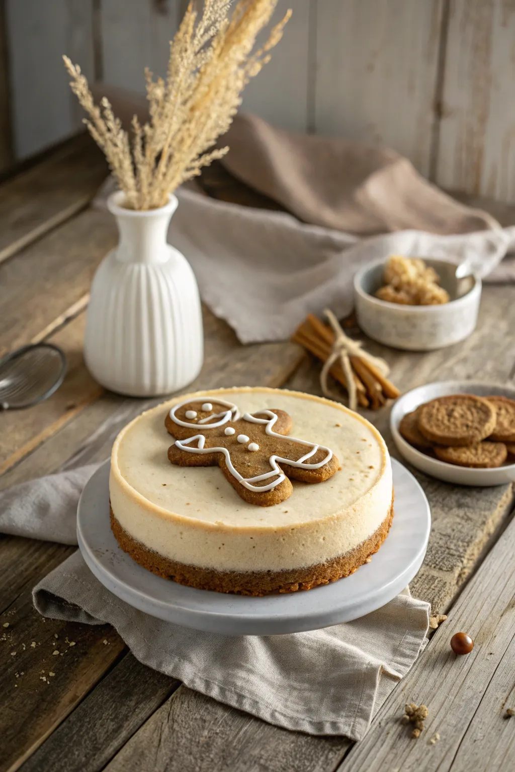 Indulge in the artistry of a gingerbread man cheesecake, where tradition meets minimalist elegance.