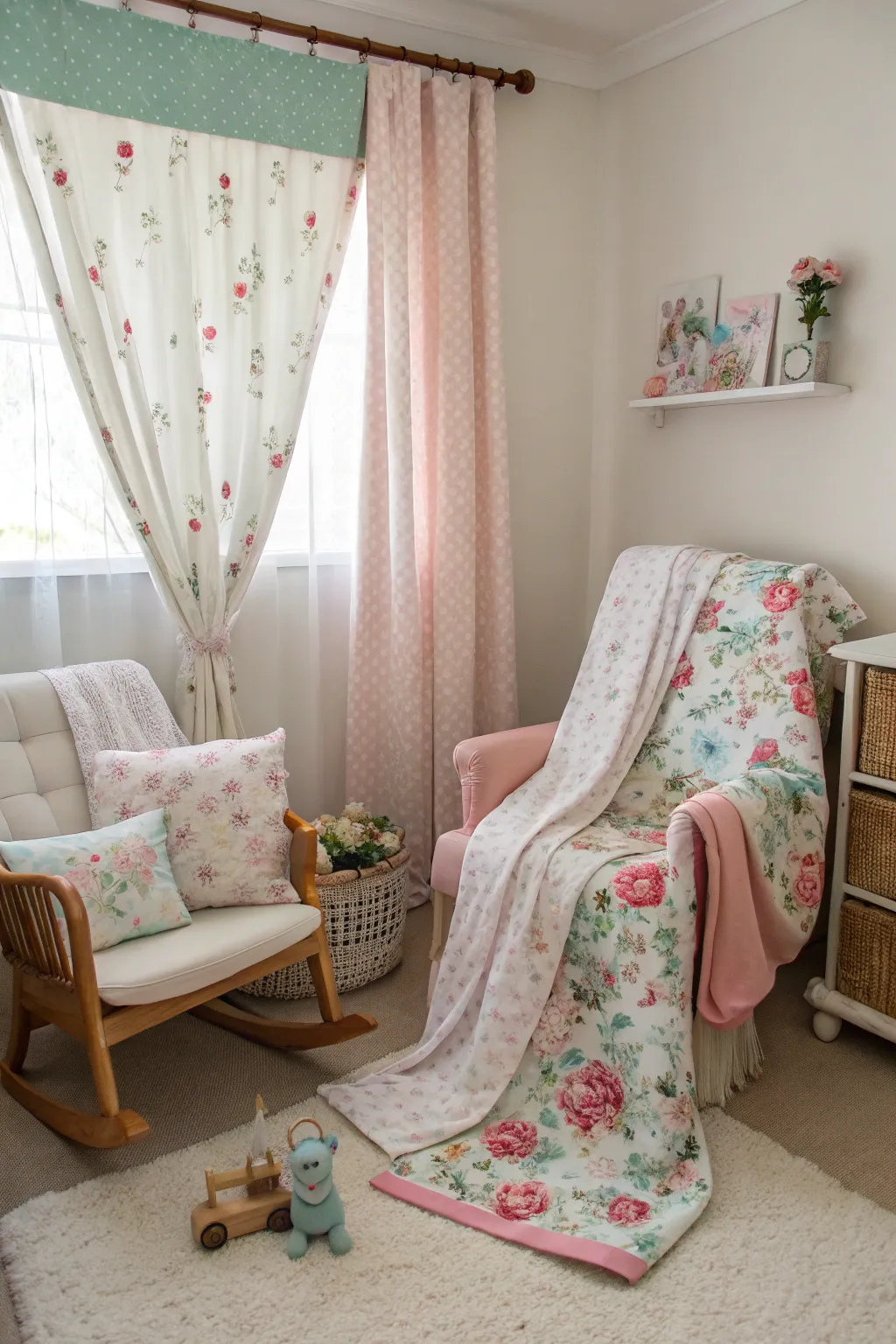 Floral textiles add a gentle touch of nature in this nursery.
