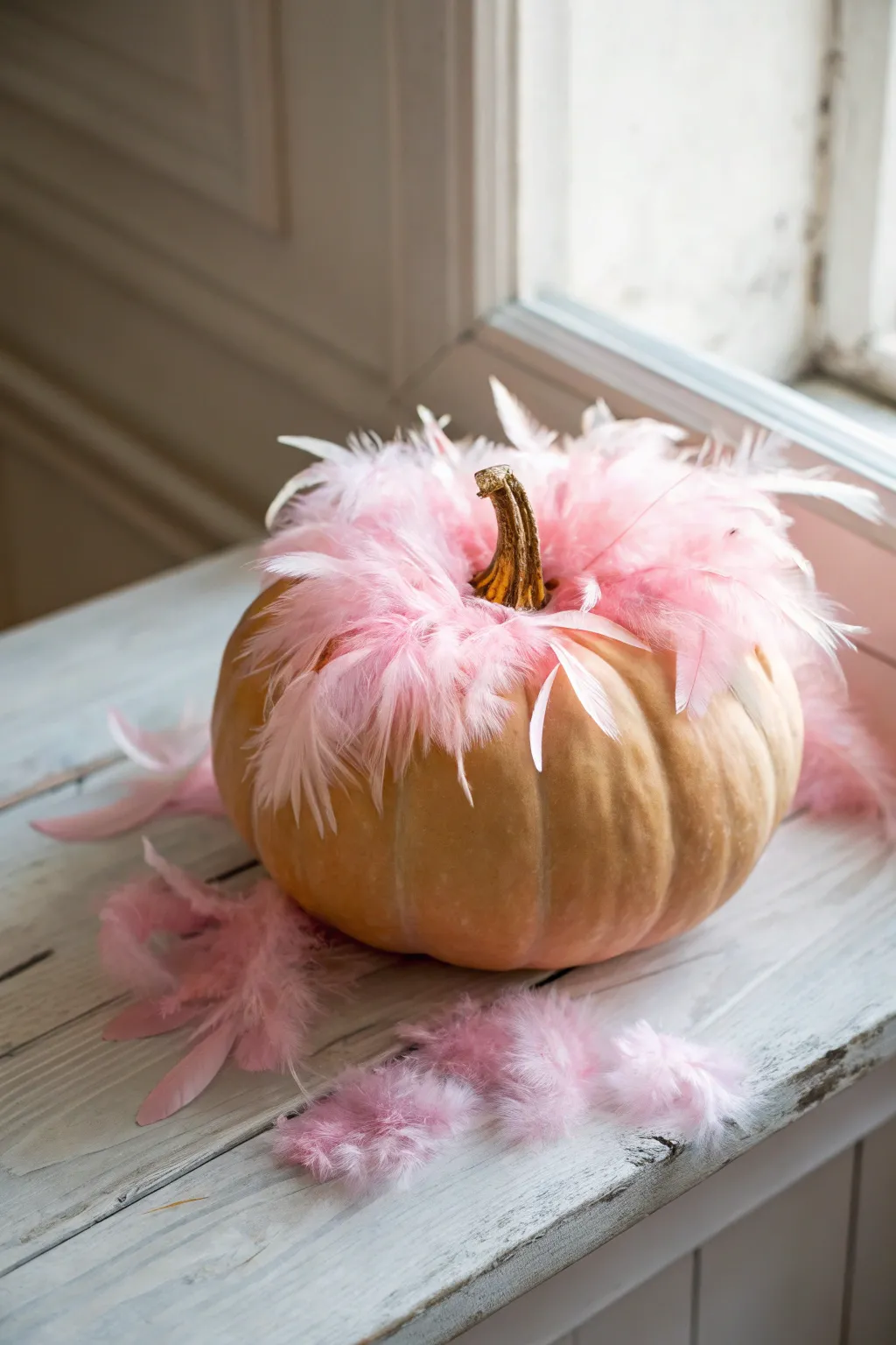 Transform your pumpkin into a whimsical masterpiece with a touch of pink feathered elegance.