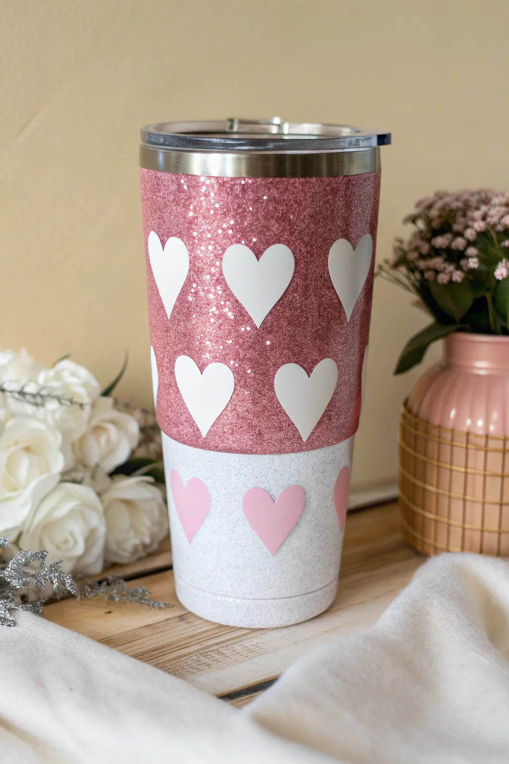 Crafted elegance: A glitter tumbler with a heart of vinyl.