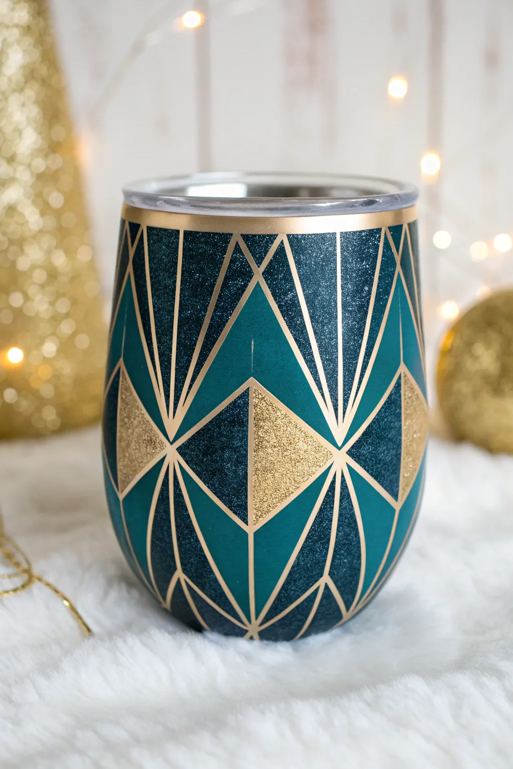Add a touch of modern elegance to your drinkware with this stunning geometric glitter tumbler.