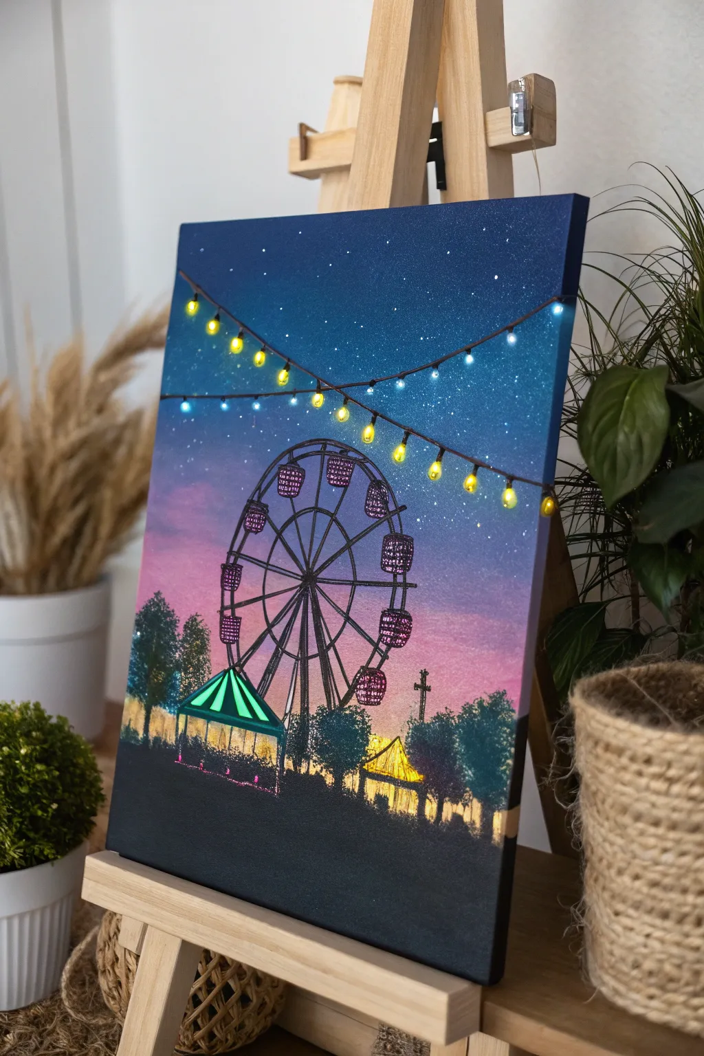 Illuminate your nights with this enchanting glow-in-the-dark carnival painting, perfect for adding a touch of whimsy and nostalgia to your minimalist decor.