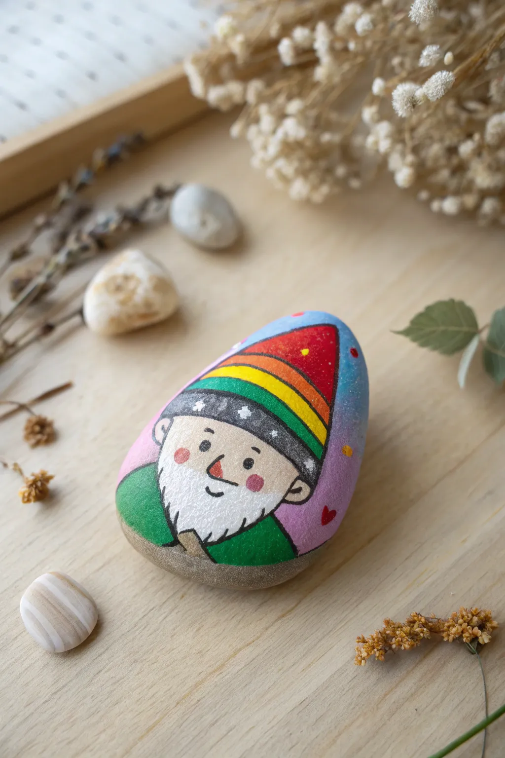 Add a splash of color to your decor with this charming rainbow gnome rock, where simplicity meets vibrant creativity.
