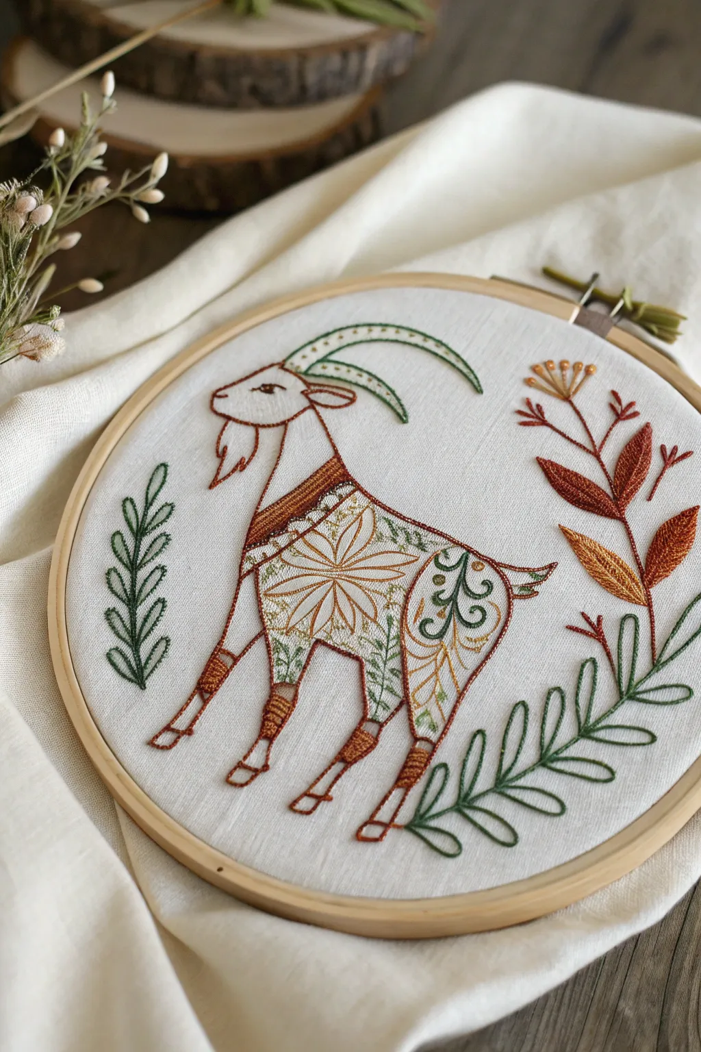 Embrace simplicity and bold beauty with this goat embroidery hoop art, perfect for adding a personal touch to your decor.