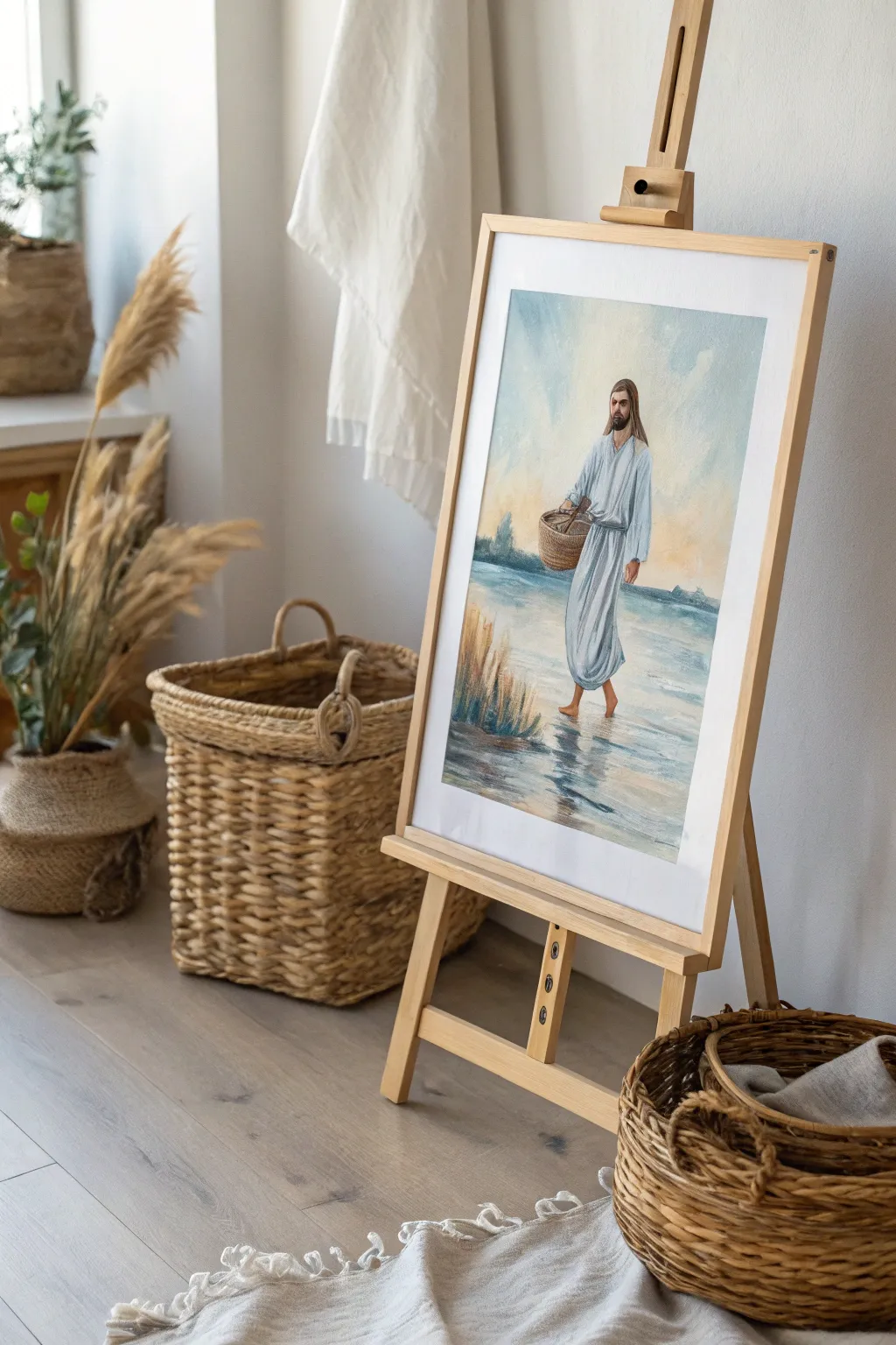 Embrace serenity and reflection with a minimalist watercolor masterpiece of Jesus walking on water.