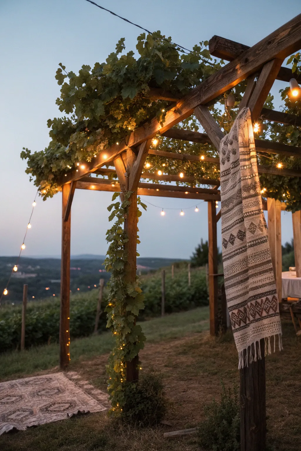 Transform your garden with a magical nighttime glow using solar-lit grapevine arbors.