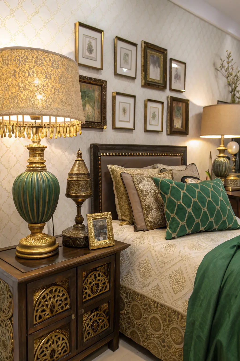 Metallic accents adding a touch of glamour to the bedroom.