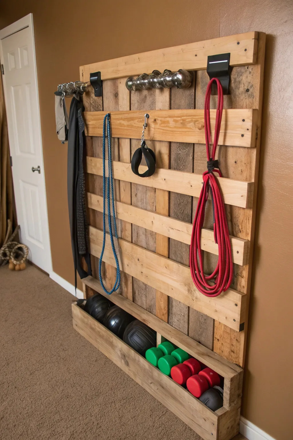 Transform your gym space with a DIY pallet rack — rustic charm meets functionality.