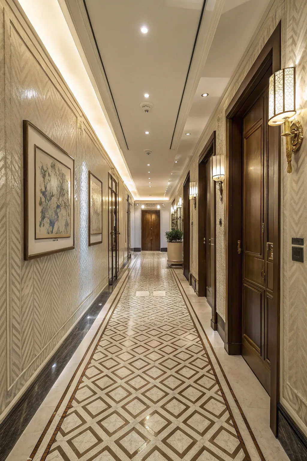 Herringbone tiles offer a touch of elegance.