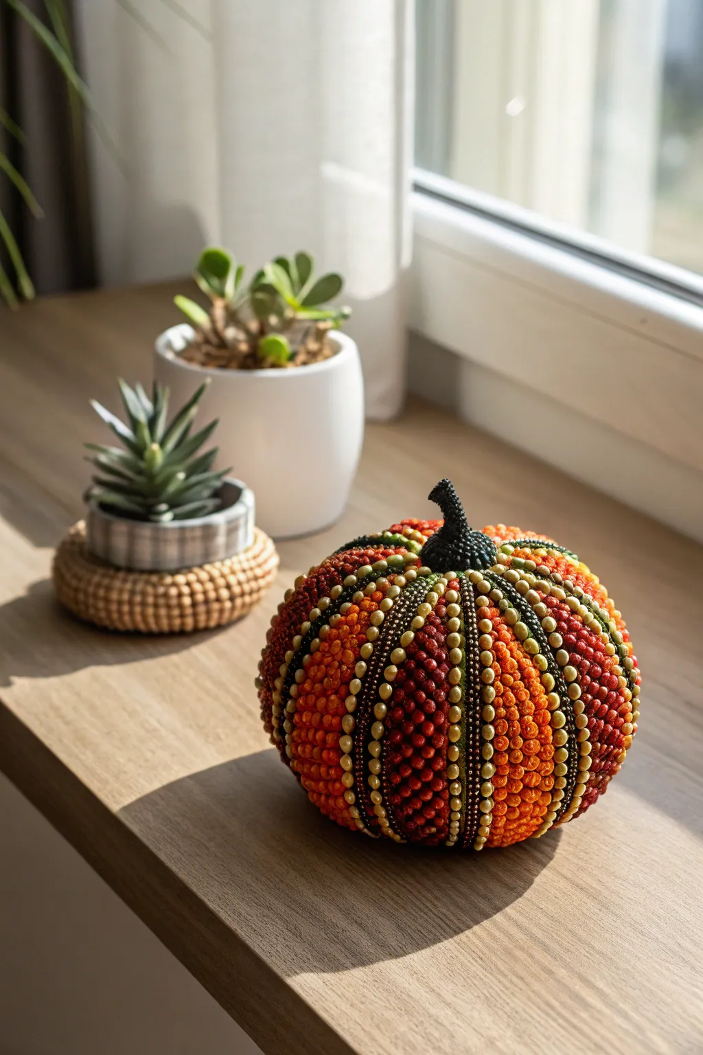 Elevate your desk decor with this charming beaded pumpkin, a perfect blend of creativity and elegance.
