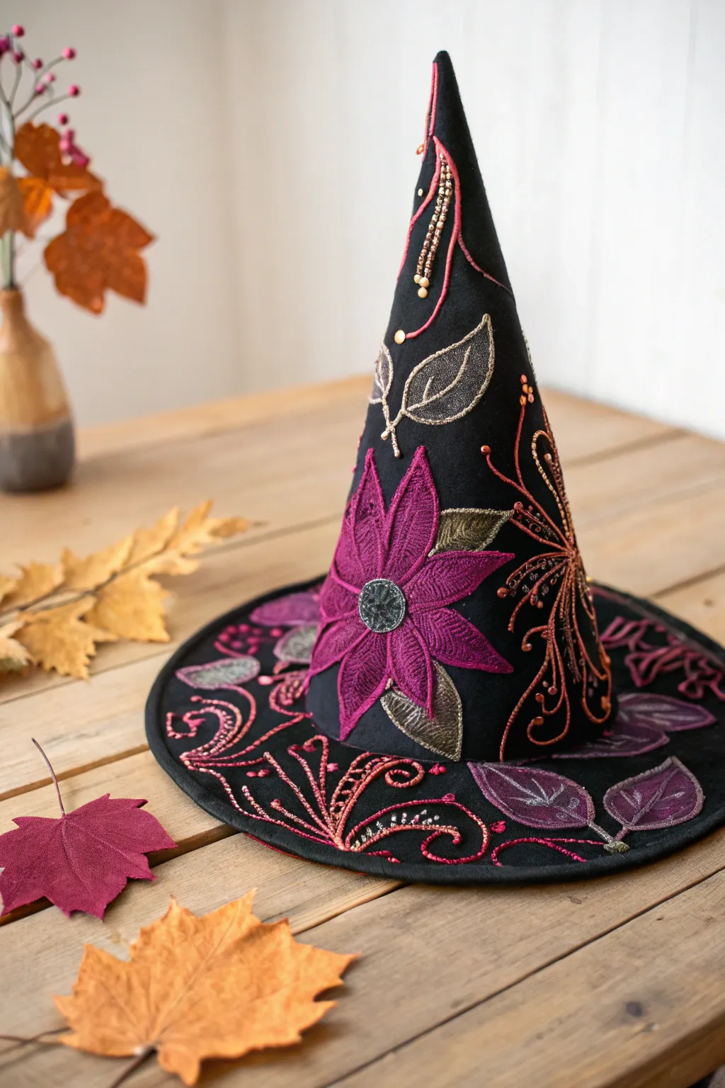 Enchant your Halloween with this beautifully embroidered witch hat, where craftsmanship meets magic.