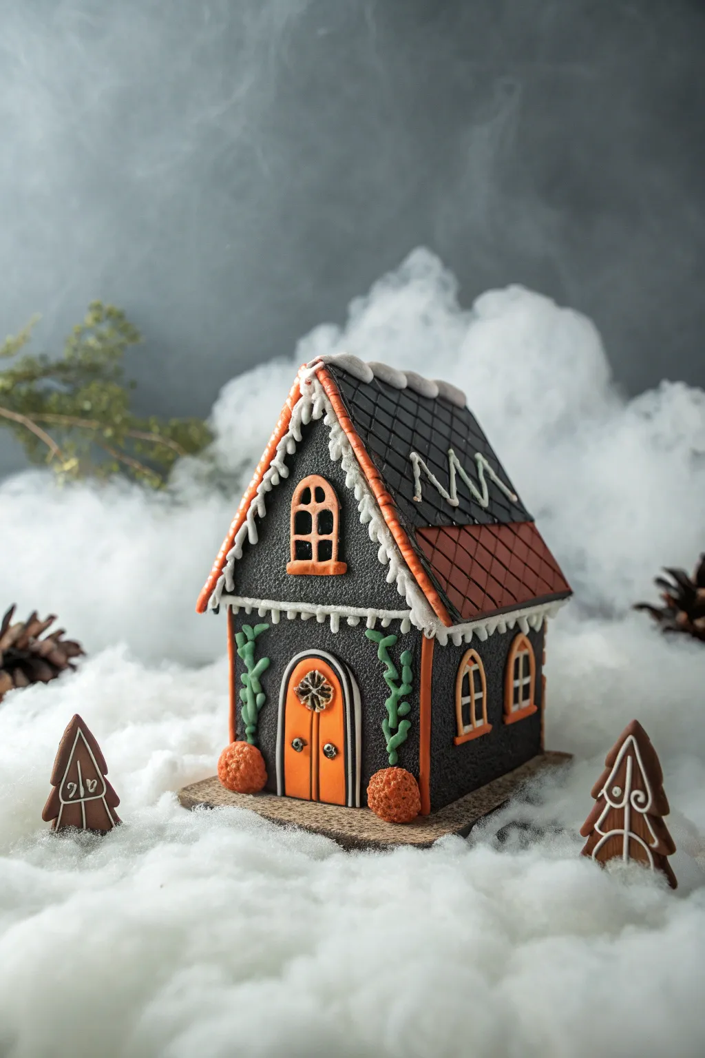 Step into the mystical charm of a foggy forest with this enchanting Halloween gingerbread house, where simplicity meets striking elegance.