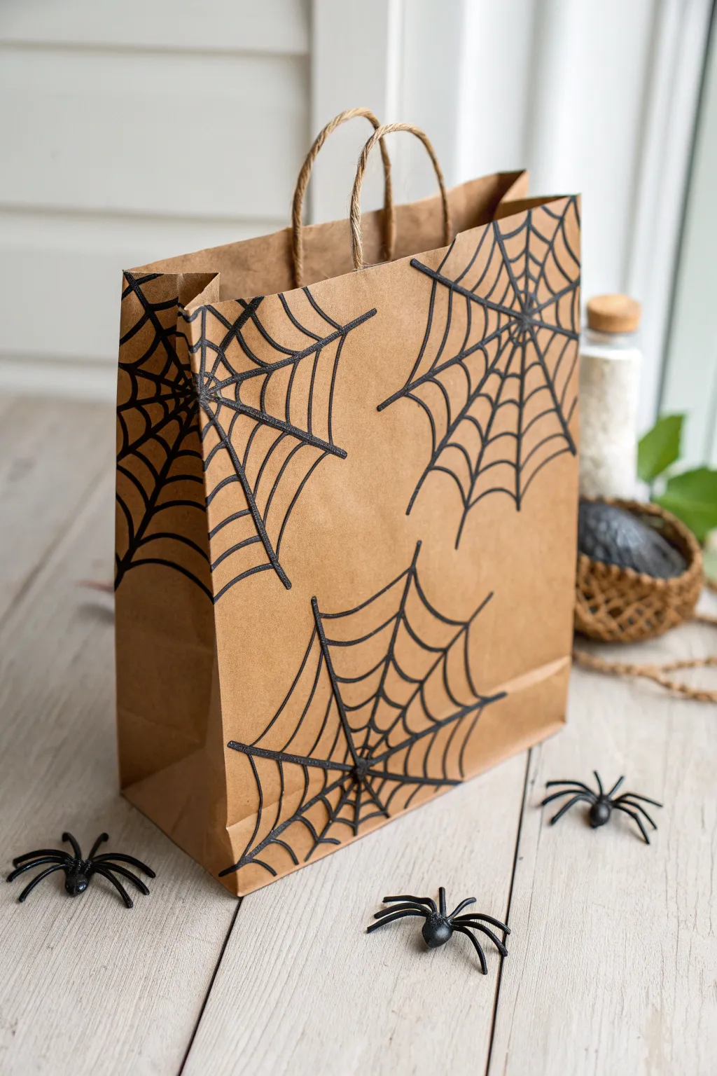 Elevate your Halloween decor with these stunning spider web paper bags — where simplicity meets spooky elegance.