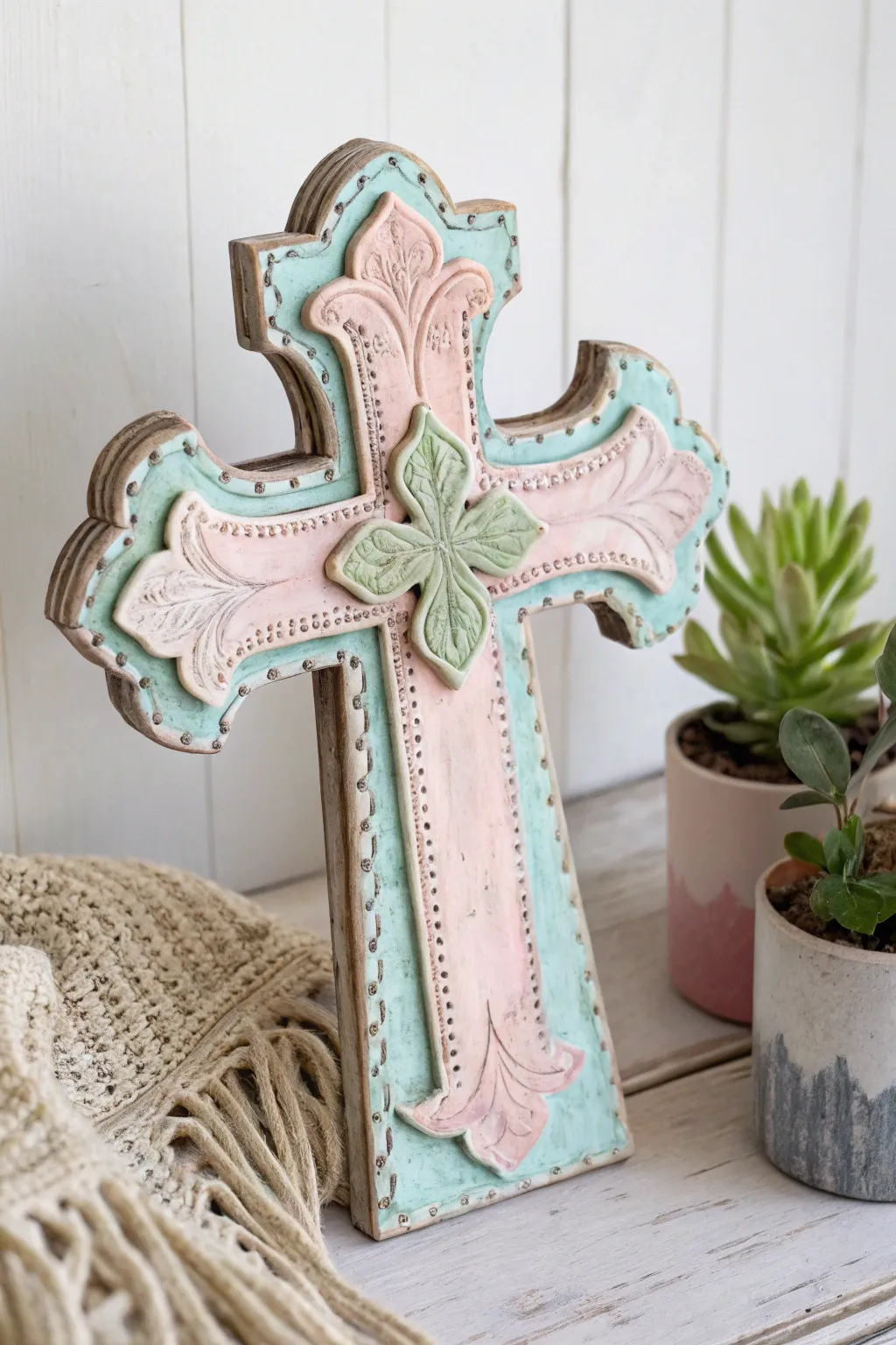 Embrace vintage charm with a hand-painted cross that whispers tales of bygone days.
