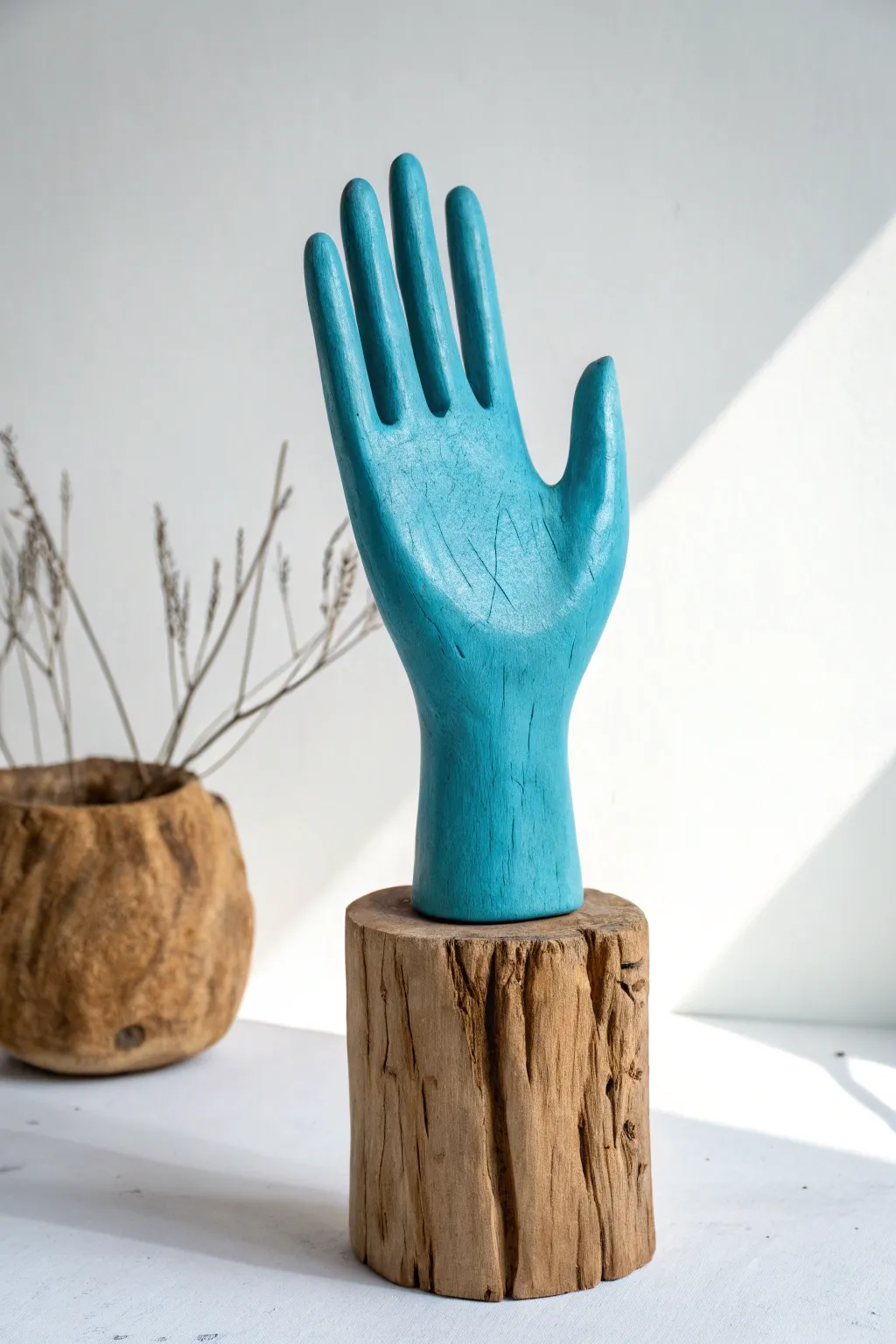 Discover the beauty in contrasts with this mixed material hand sculpture, a perfect blend of minimalist design and rustic charm.