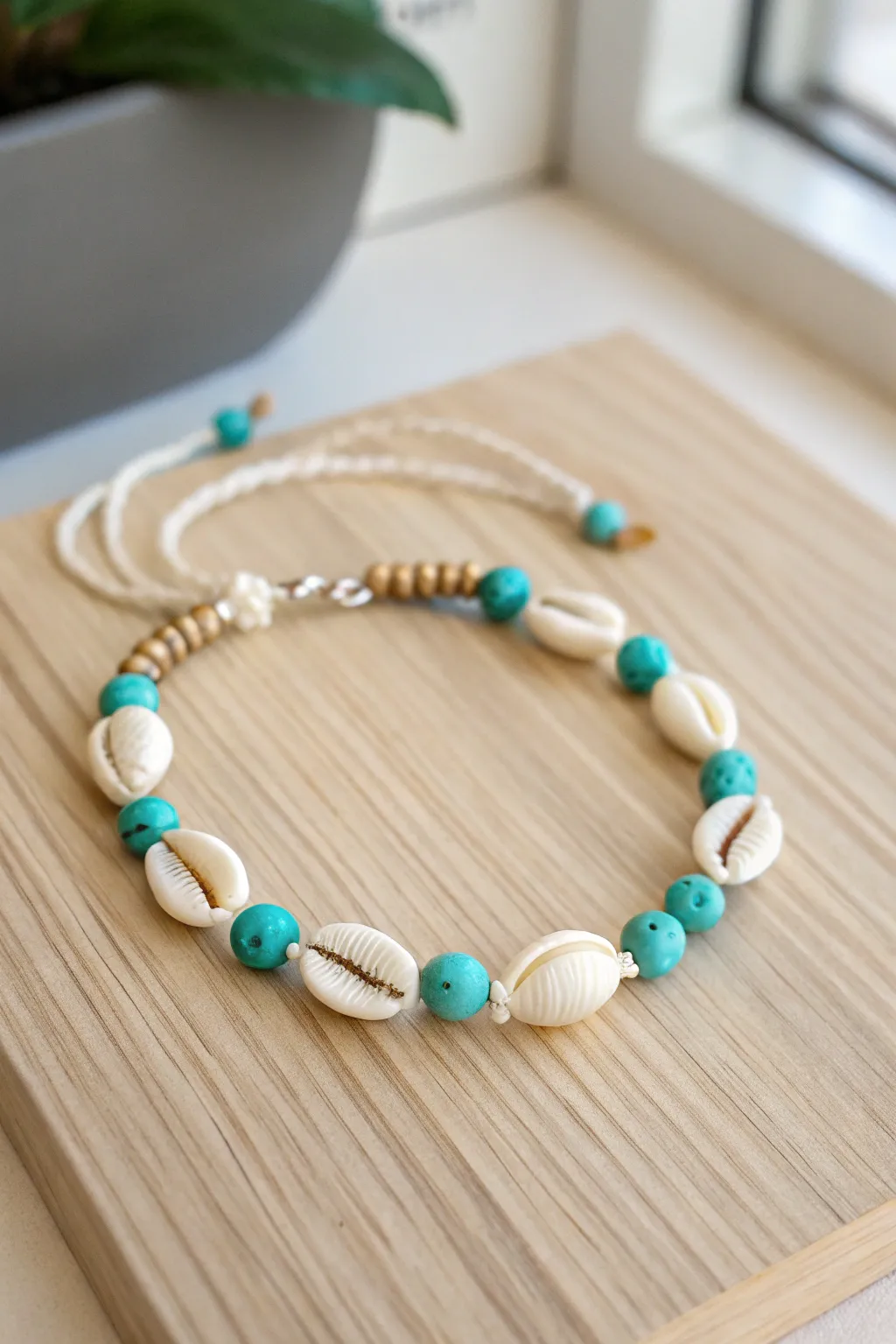 Embrace the beachy vibes with this stunning shell and turquoise bracelet – a perfect touch of summer elegance.