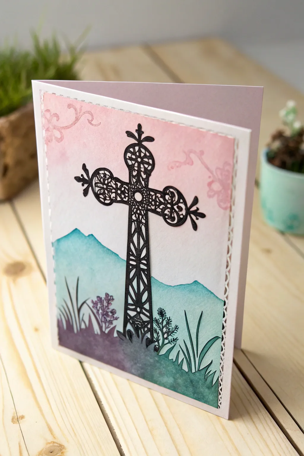 Embrace the serenity of Easter with this handcrafted silhouette cross card, where simplicity meets elegance.