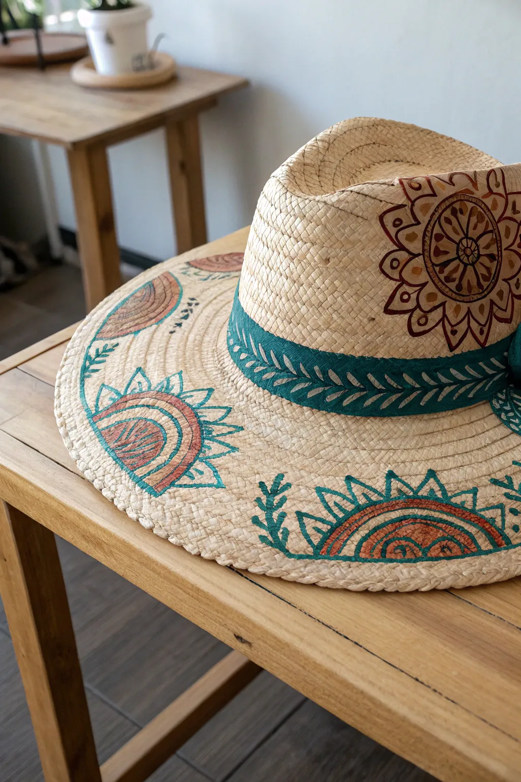Transform your wide-brimmed hat into a canvas of elegance with artistic designs.