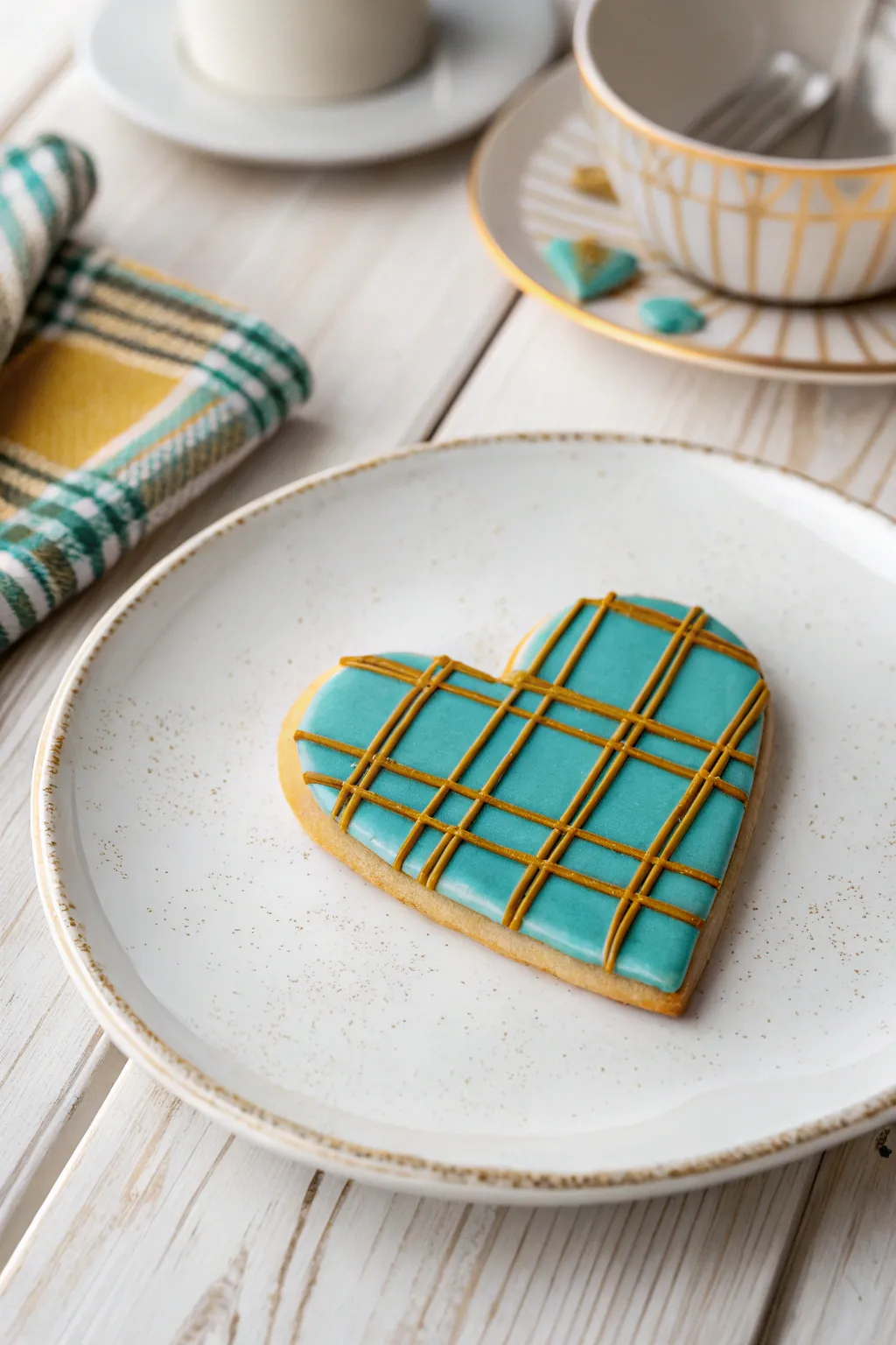 Elevate your cookie game with a plaid heart cookie featuring a splash of teal and gold—bringing a chic twist to your dessert table!
