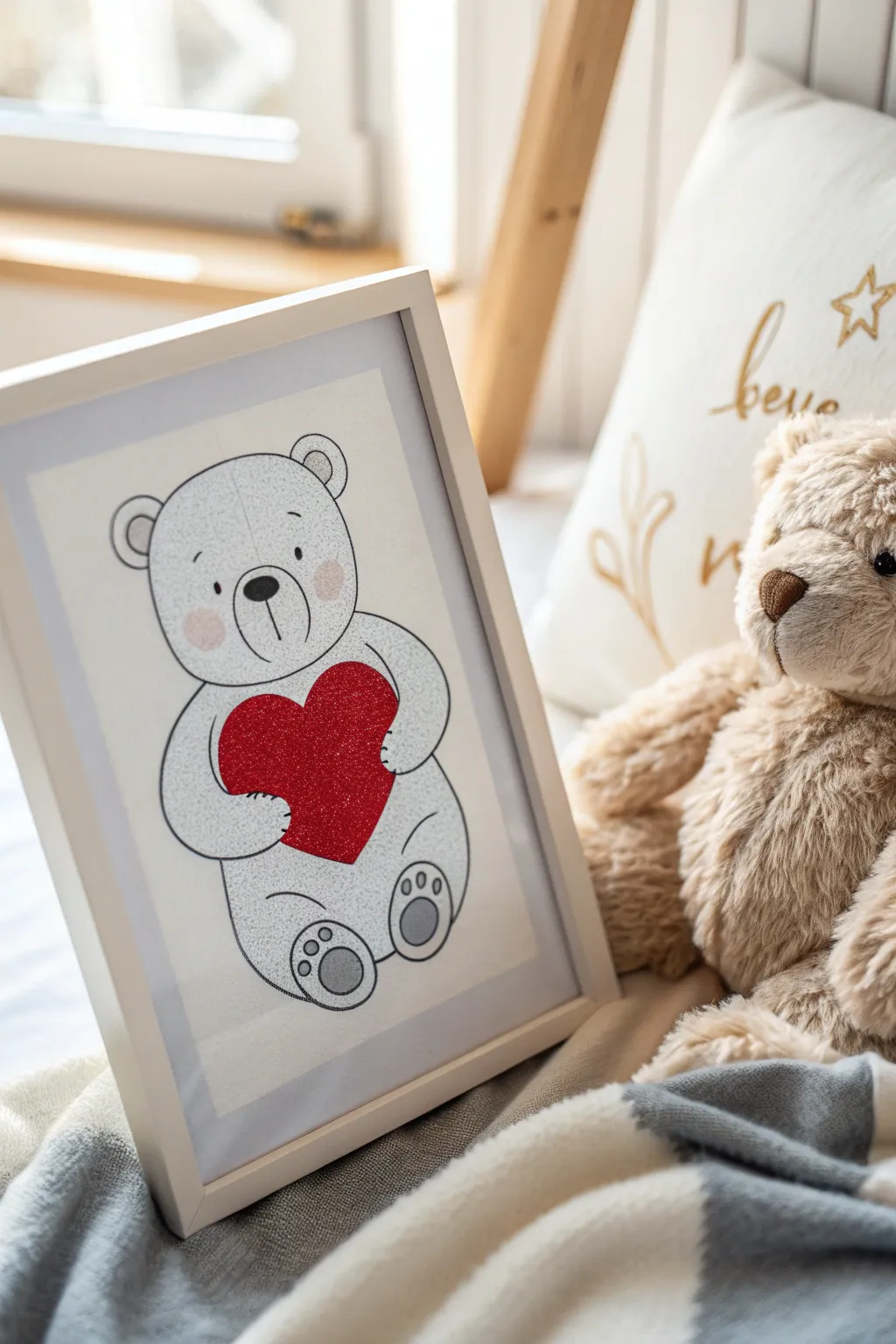 Embrace cuteness with minimalist charm: A bear holding a heart, perfect for playful decor.