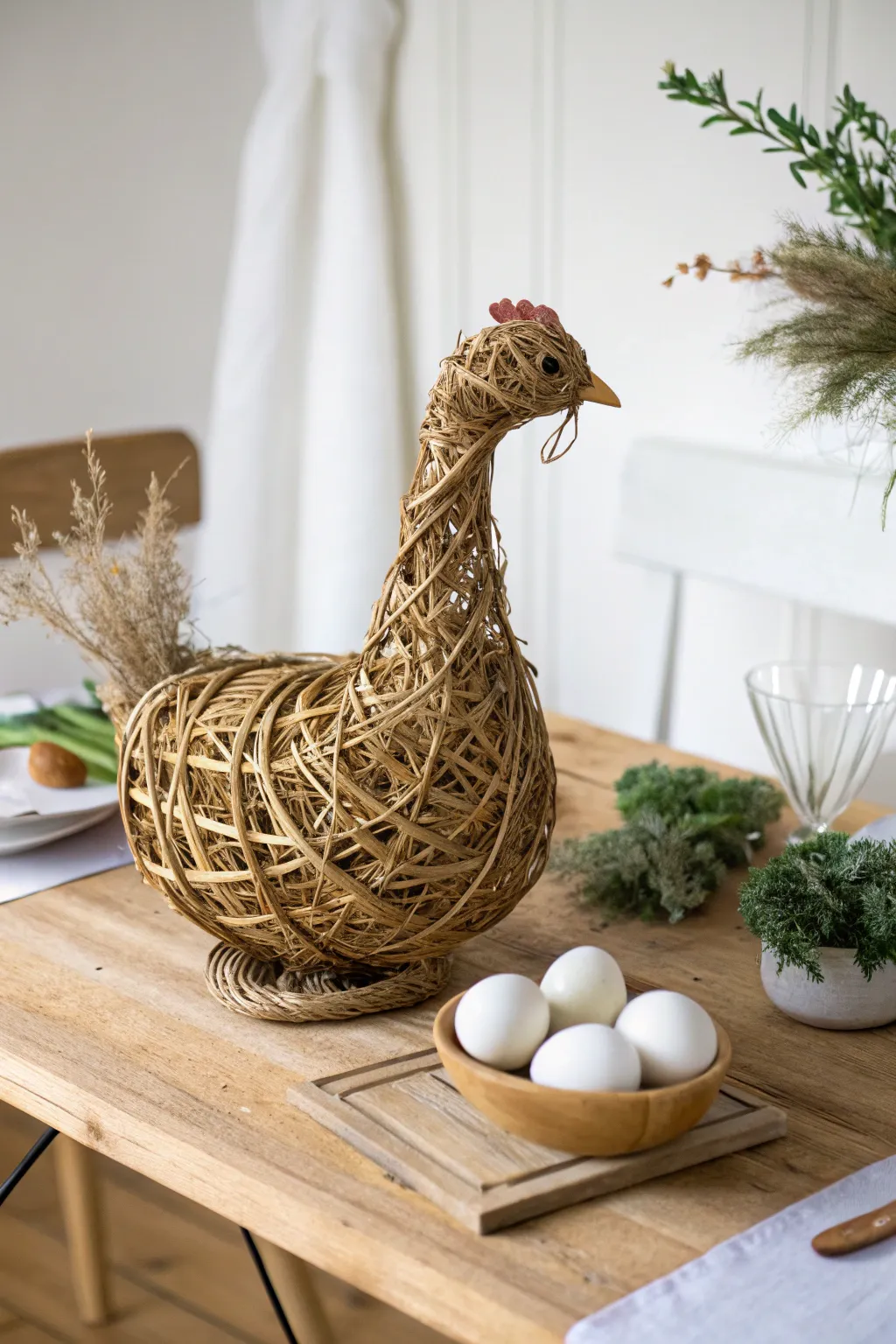 Embrace rustic elegance with a handcrafted hen centerpiece, perfect for your next gathering.