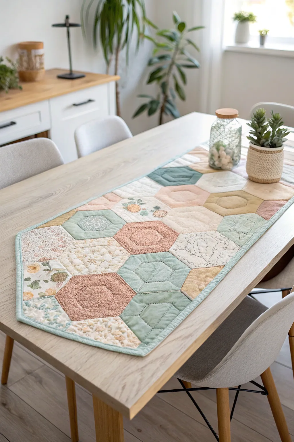Elevate your dining space with this stunning hexagon quilt table runner, where minimalist elegance meets boho charm.