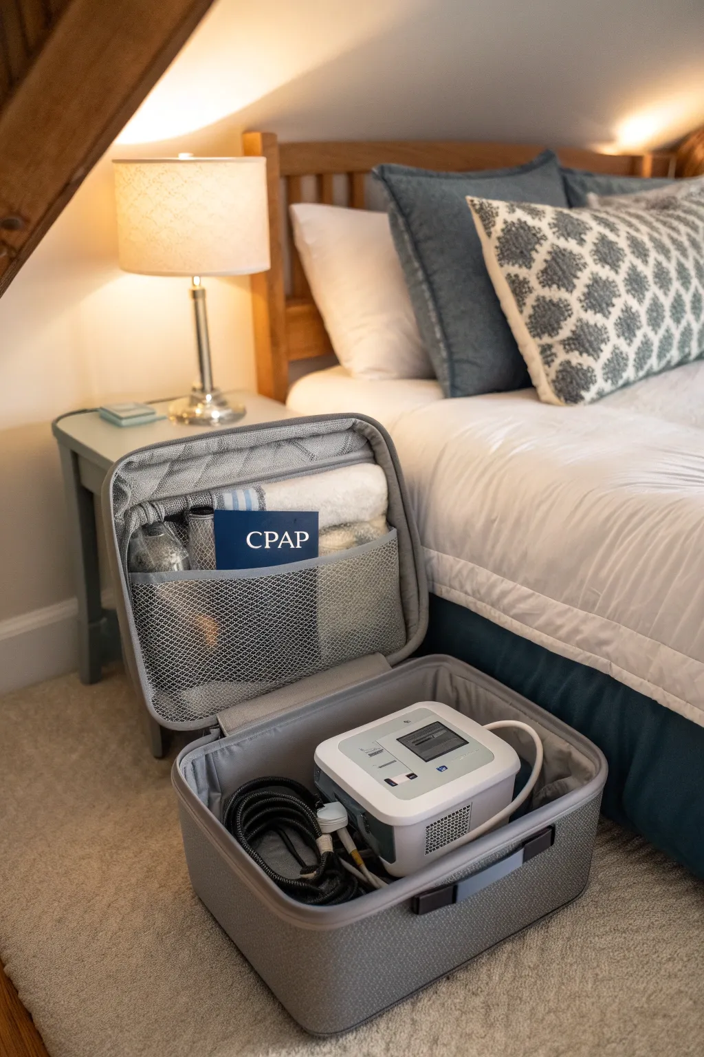 Under-bed storage keeps the CPAP machine hidden and accessible.