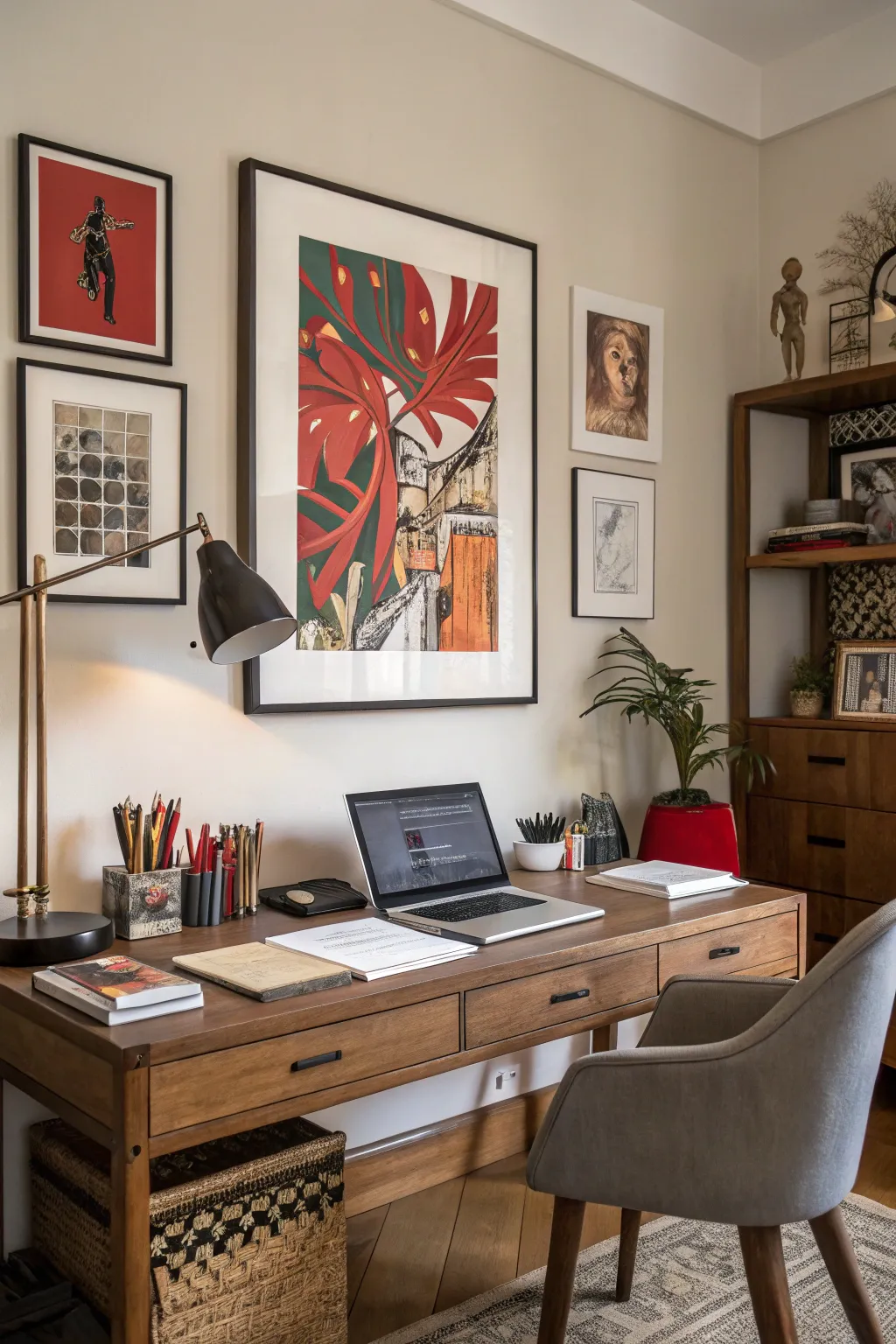 A statement piece adds character and interest to the workspace.