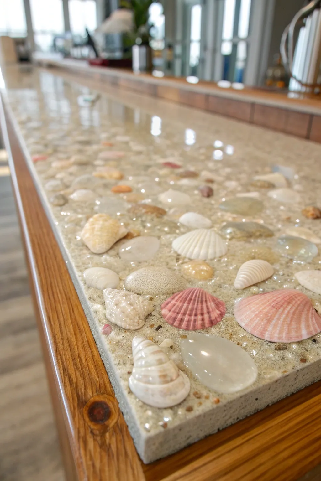 Bring the ocean's elegance home with a seashell resin bar top.