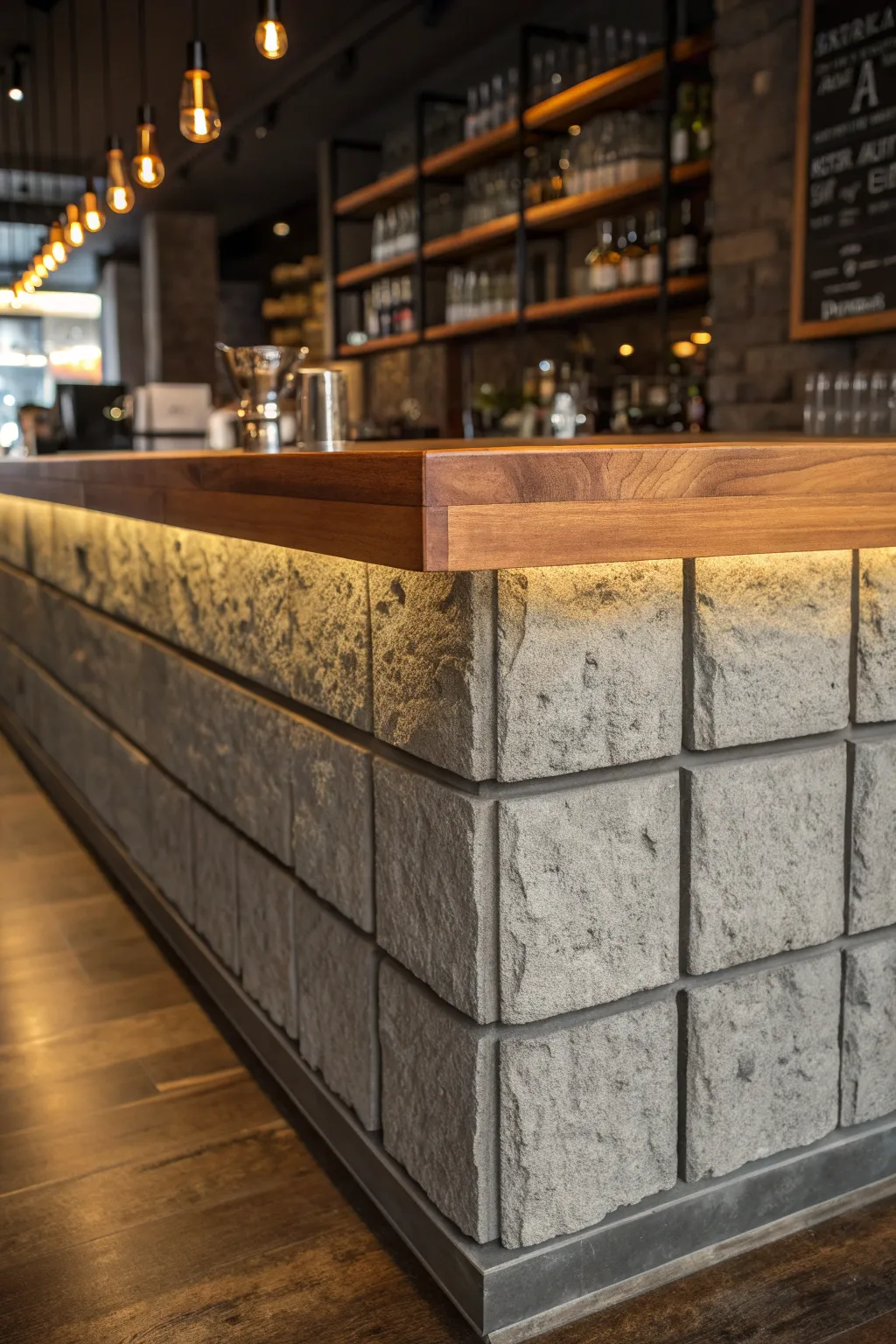 Craftsmanship meets industrial edge: a concrete block bar with a polished wooden top.