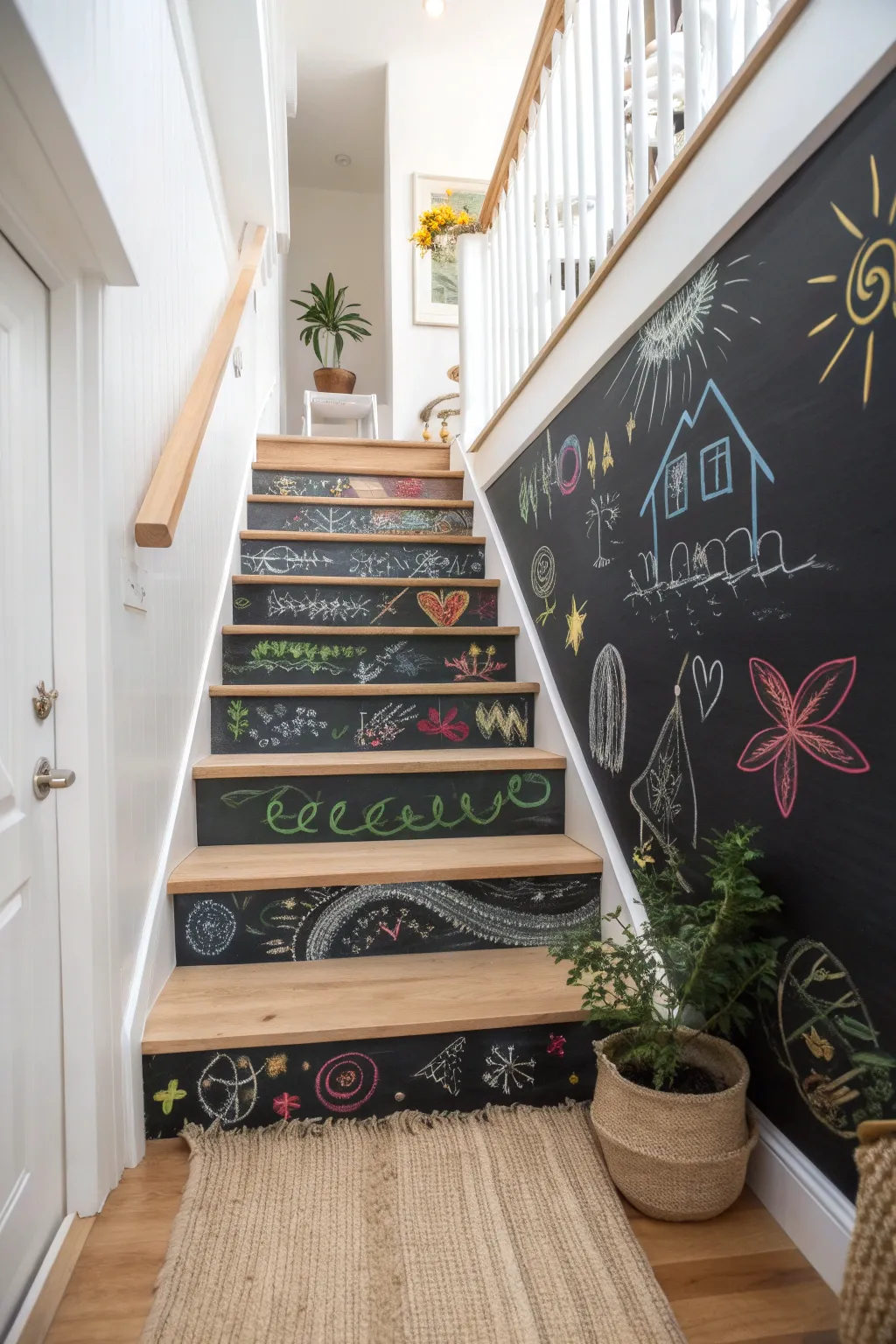 Unleash your inner artist with chalkboard-painted risers for a staircase that's both fun and functional!