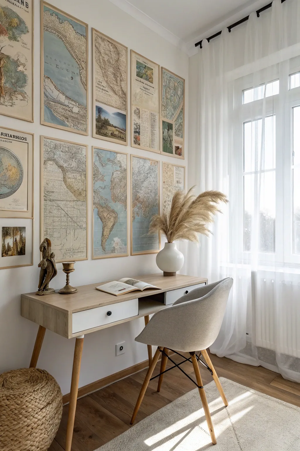 Transform your space with a touch of worldly elegance - vintage maps create a stunning focal point in this minimalist study.