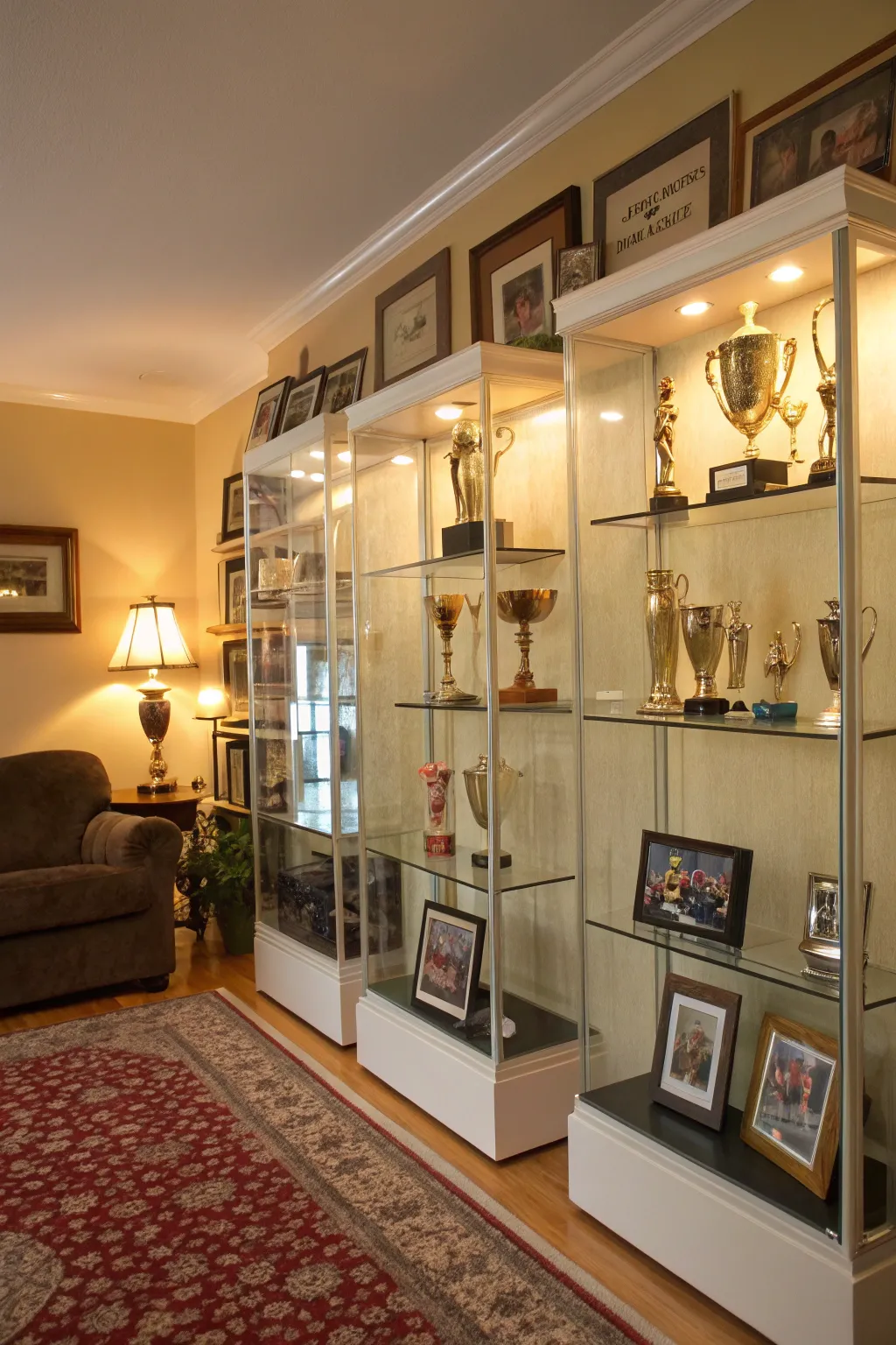 Trophies displayed in sleek acrylic boxes.