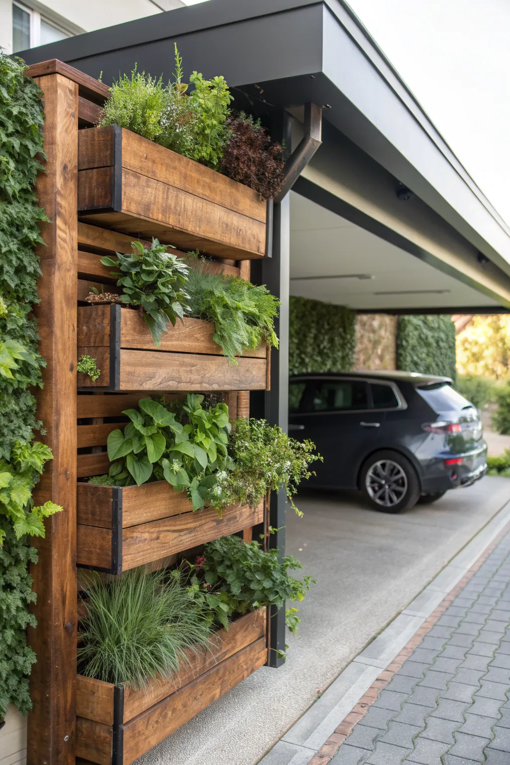 Transform your carport into a green oasis with a handcrafted vertical garden. Perfect for those who appreciate the art of woodworking and the beauty of nature.