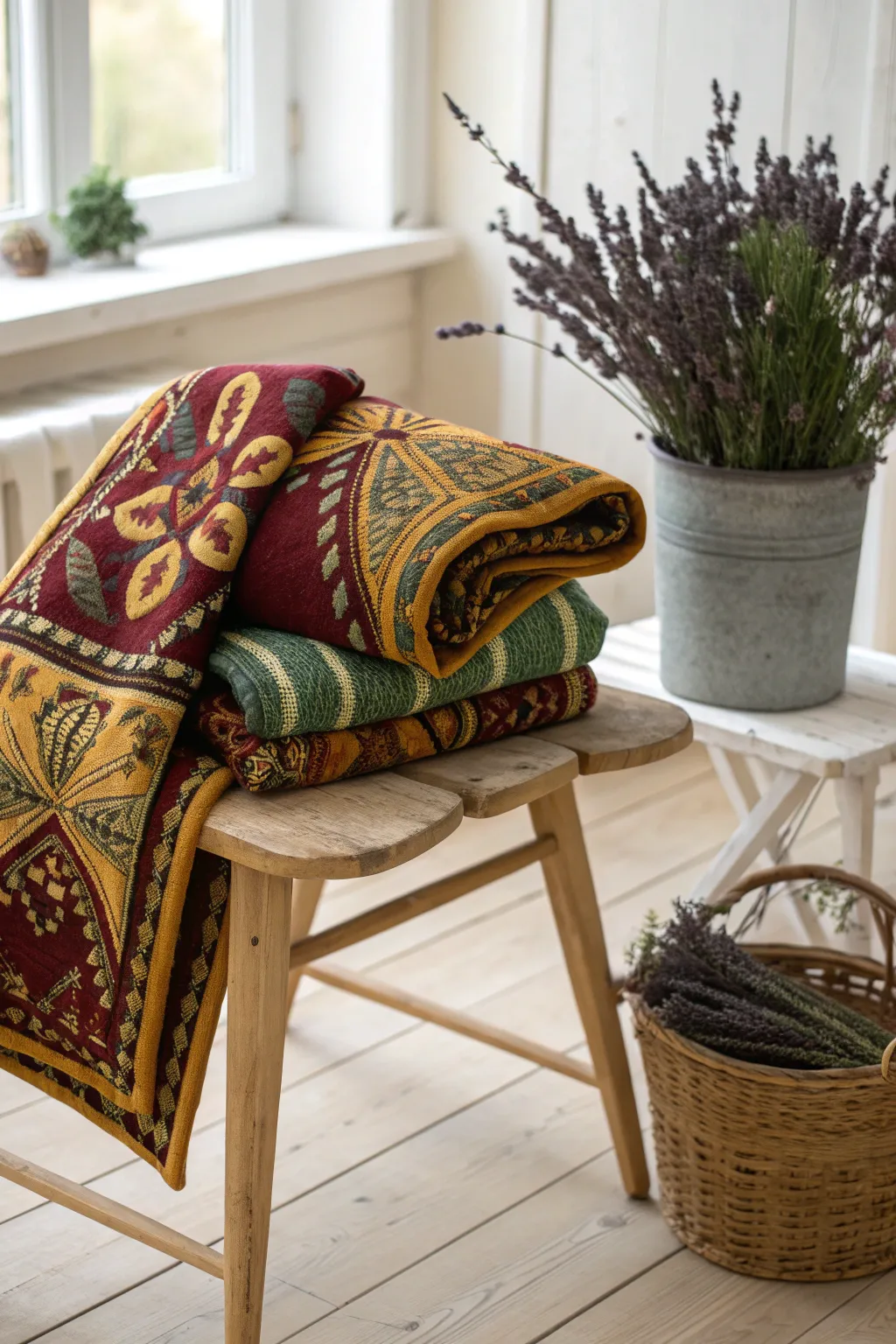Transform your vintage treasures: fold a blanket into a pillow for a touch of nostalgic elegance.