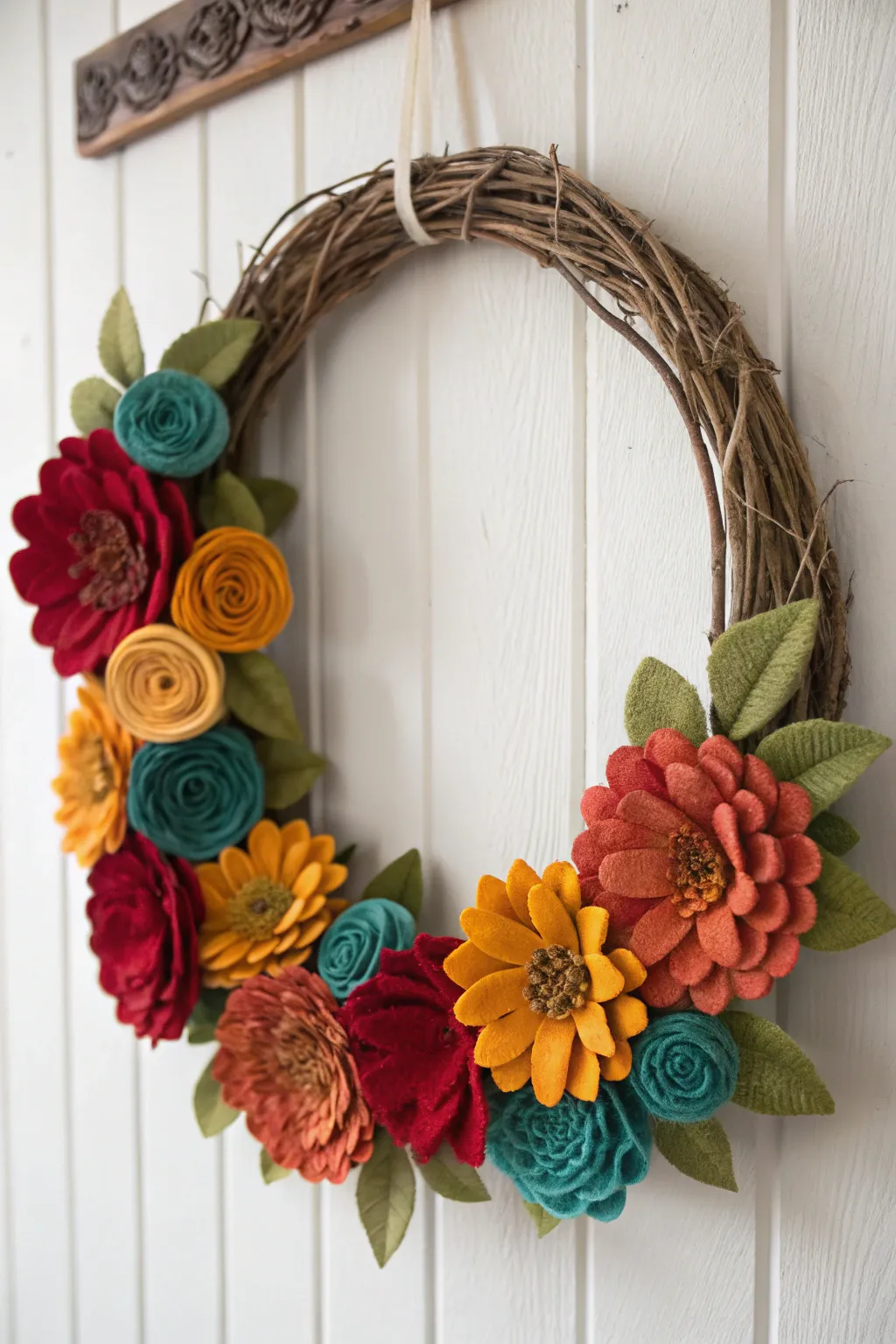 Add a pop of color and natural beauty to your space with a handcrafted felt flower wreath!