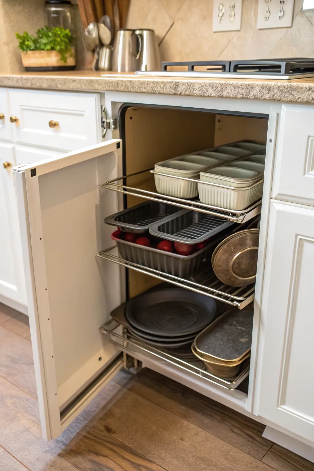 A repurposed shoe rack creates vertical storage space.
