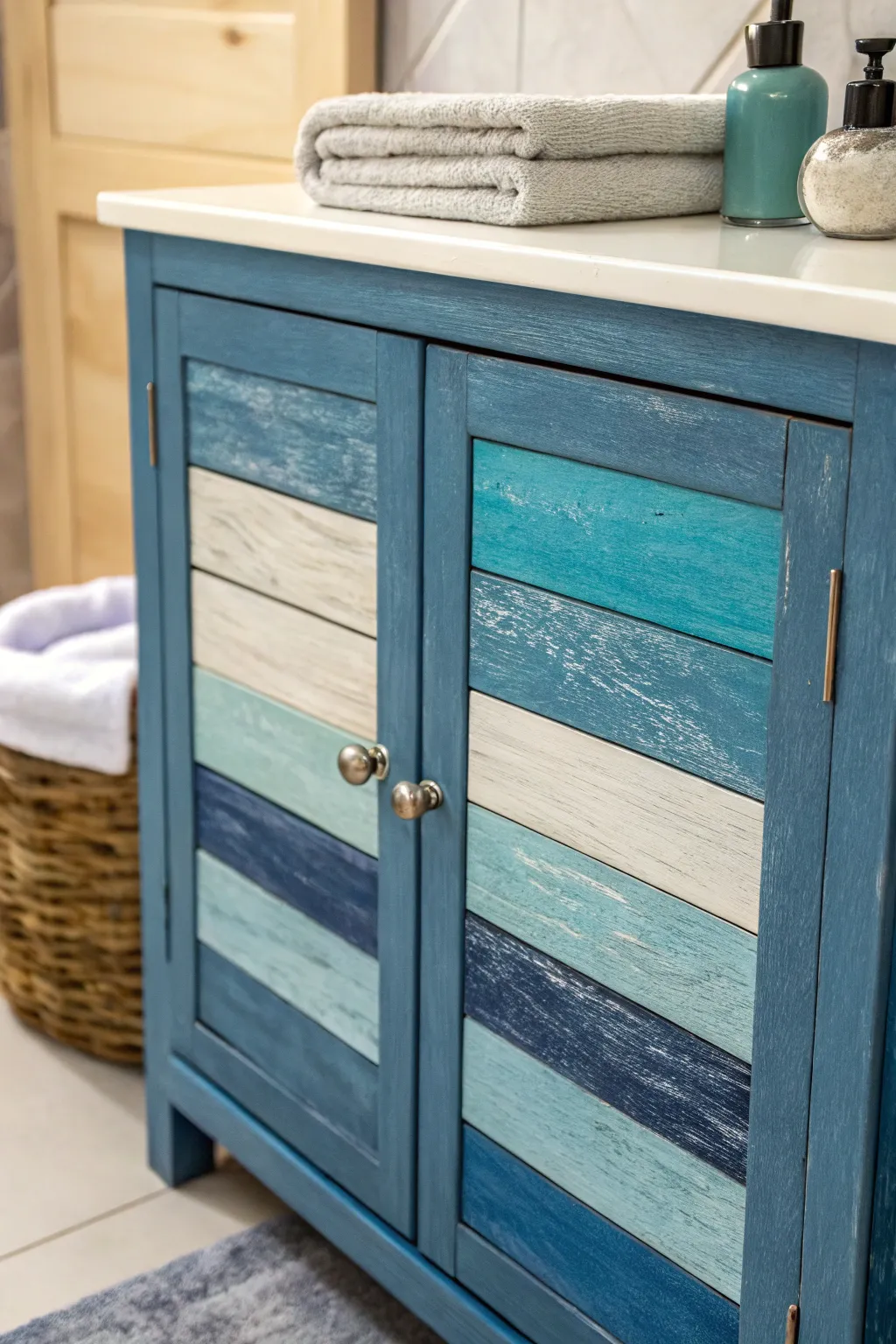 Transform your bathroom with stunning layered blues for a textured, artisanal touch.
